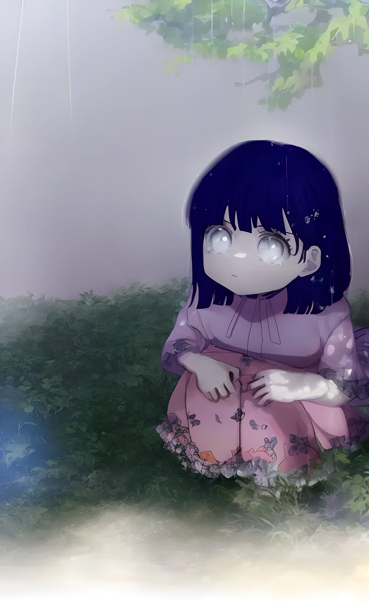 Anime girl sitting under a tree in the rain, visual anime de uma bonito, Iwakura Lain, Arte no estilo de Guweiz, Depois da chuva e sem meninah a sad expression, the anime girl is crouching, hinata hyuga, Lain Iwakura, Close up de Lain Iwakura, em estilo anime