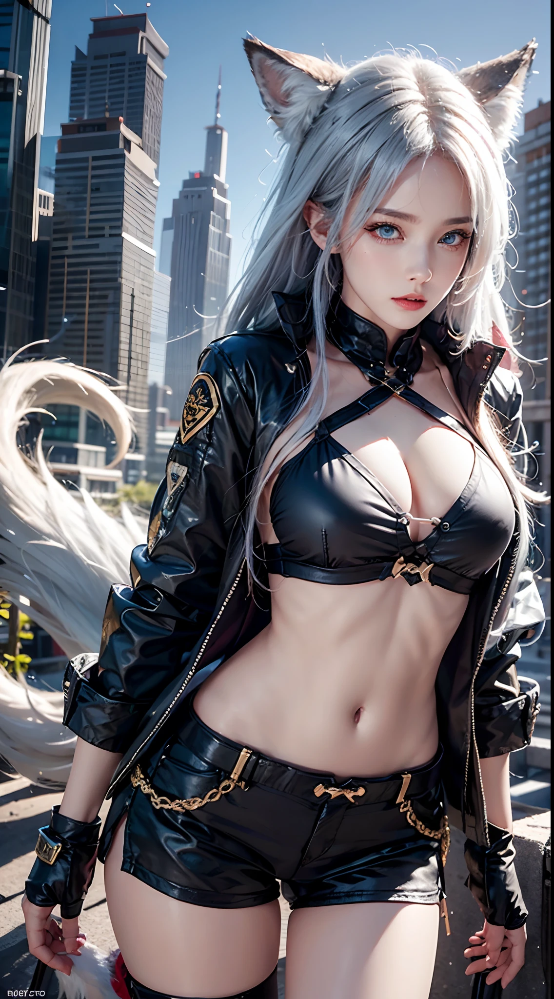 photorealistic, masterpiece, high resolution, soft light, mature female, blue eyes, hips up, hairpiece, lappland, arknights, destroyed city background, buildings on fire, pale, wolf girl, animal ears, scar, white fingerless gloves, black jacket, rhorrormare, (tail, fluffy tail), tattoo, wolves, long white hair, black shorts