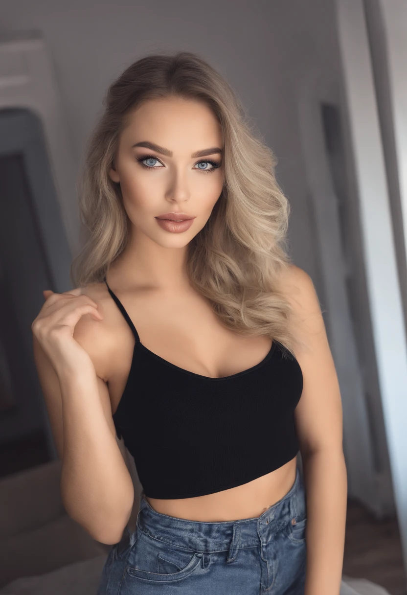 Woman with matching tank top and panties, Sexy girl with blue eyes, portrait sophie mudd, portrait corinna kopf, blonde wavy hair and large eyes, Selfie einer jungen Frau, Augen im club Violet Myers, ohne Make-up, Natural makeup, Blick direkt in die Kamera, Gesicht mit Artgram, dezentes Make-up, Stunning full body shot, im Schlafzimmer, Spaltung
