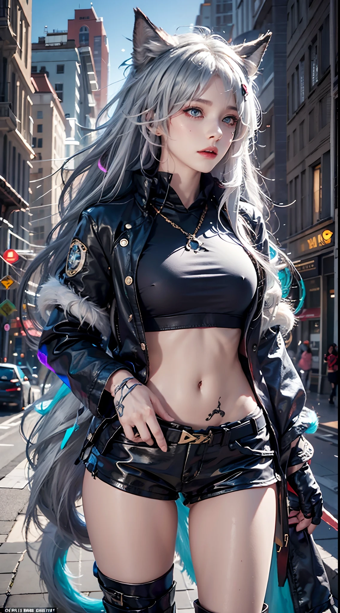 photorealistic, masterpiece, high resolution, soft light, mature female, blue eyes, hips up, hairpiece, lappland, arknights, destroyed city background, buildings on fire, pale, wolf girl, animal ears, scar, white fingerless gloves, black jacket, rhorrormare, (tail, fluffy tail), tattoo, wolves, long white hair, black shorts