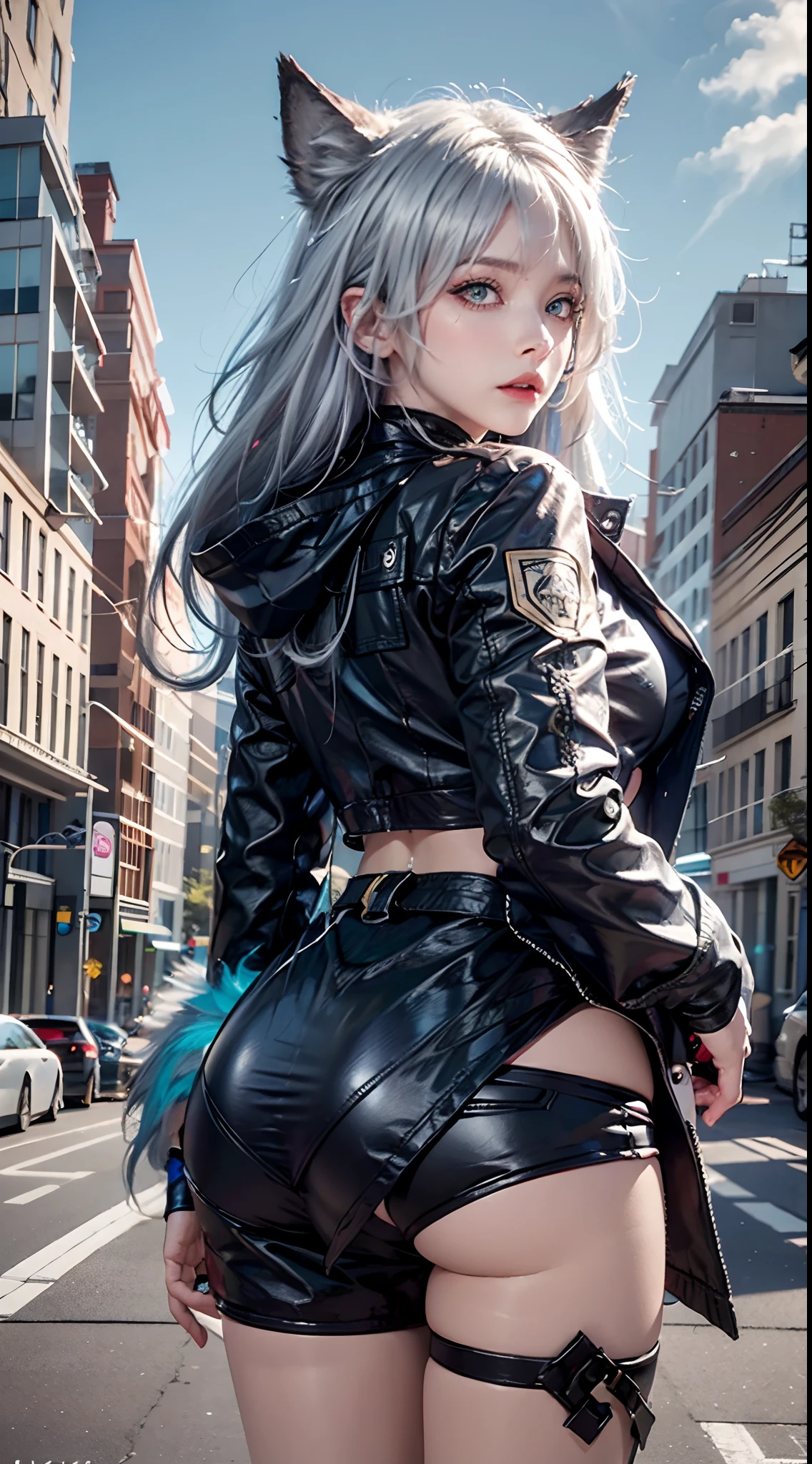 photorealistic, masterpiece, high resolution, soft light, mature female, blue eyes, hips up, hairpiece, lappland, arknights, destroyed city background, buildings on fire, pale, wolf girl, animal ears, scar, white fingerless gloves, black jacket, rhorrormare, (tail, fluffy tail), tattoo, wolves, long white hair, black shorts