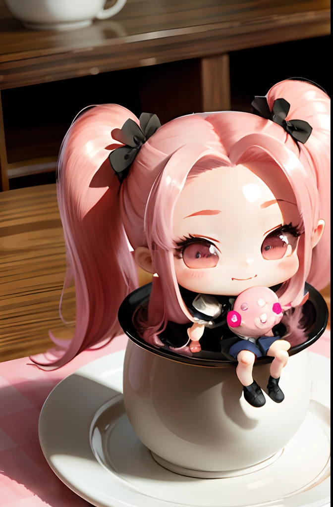 Cute chibi anime sitting on a plate, long pink hair with twin tails、Wearing a shocking pink mini dress, Smiling, Logo is cheap