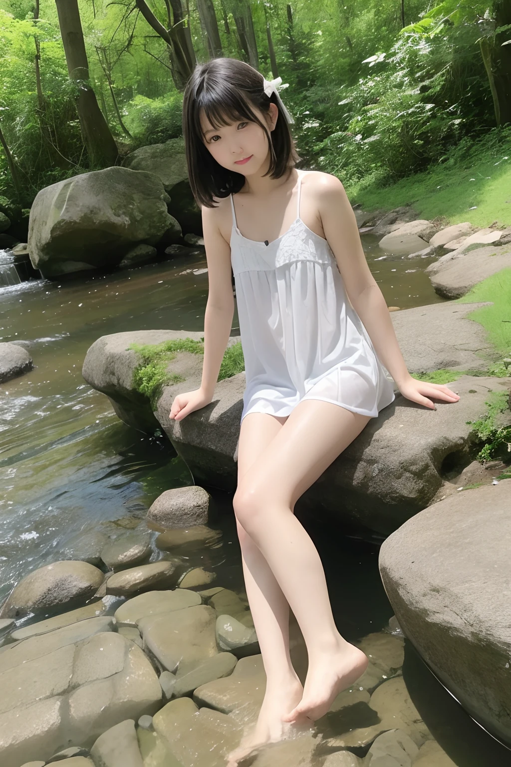 Camera gaze、White camisole、robe blanche、On the banks of the creek、Immerse your legs in water、Barefoot、、Neat and clean、kawaii、