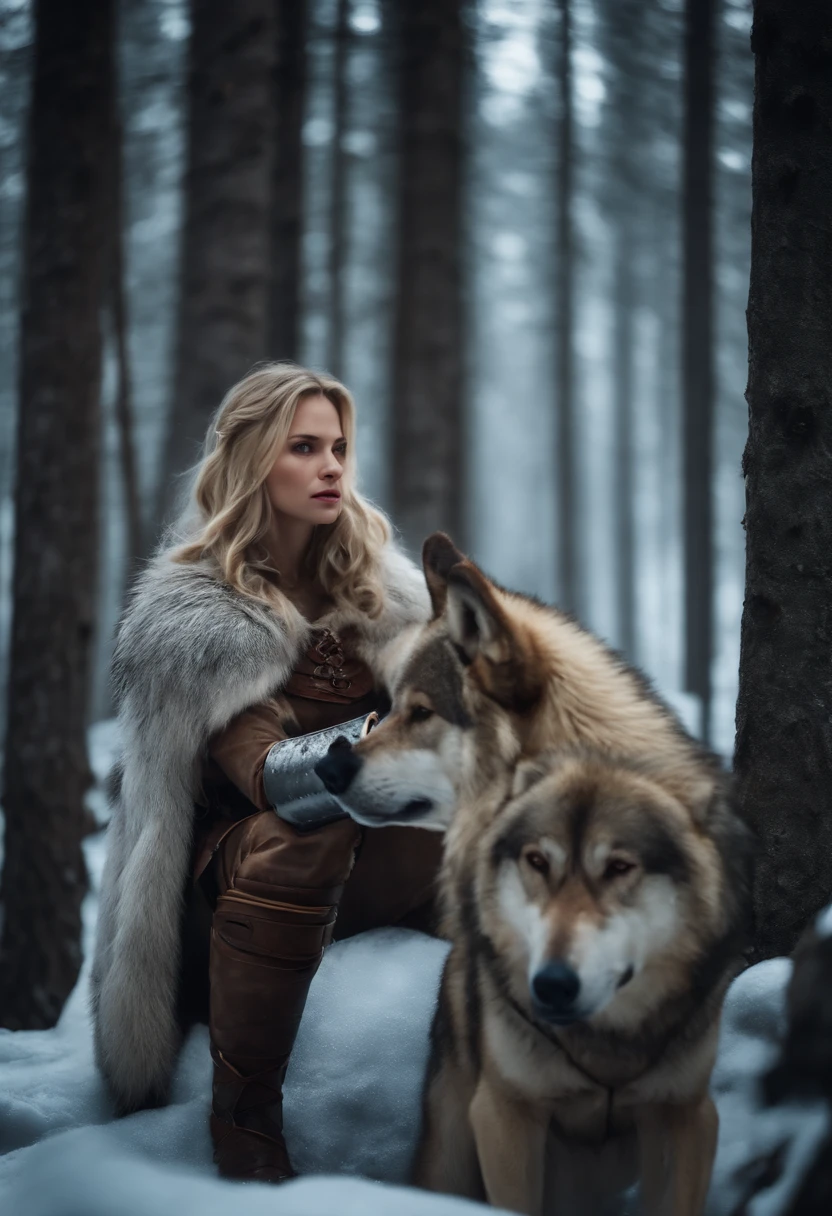 Blonde girl in armor in icy forest next to a big brown wolf