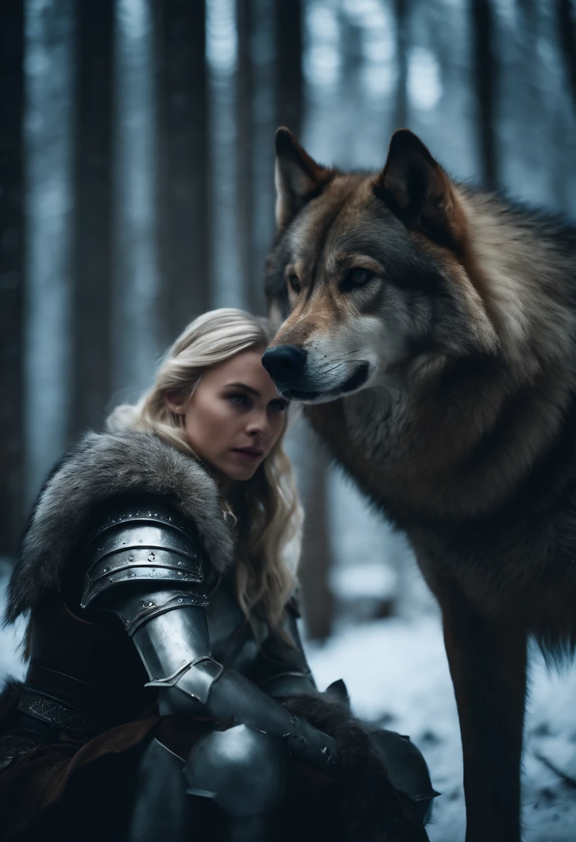 Blonde girl in armor in icy forest next to a big brown wolf