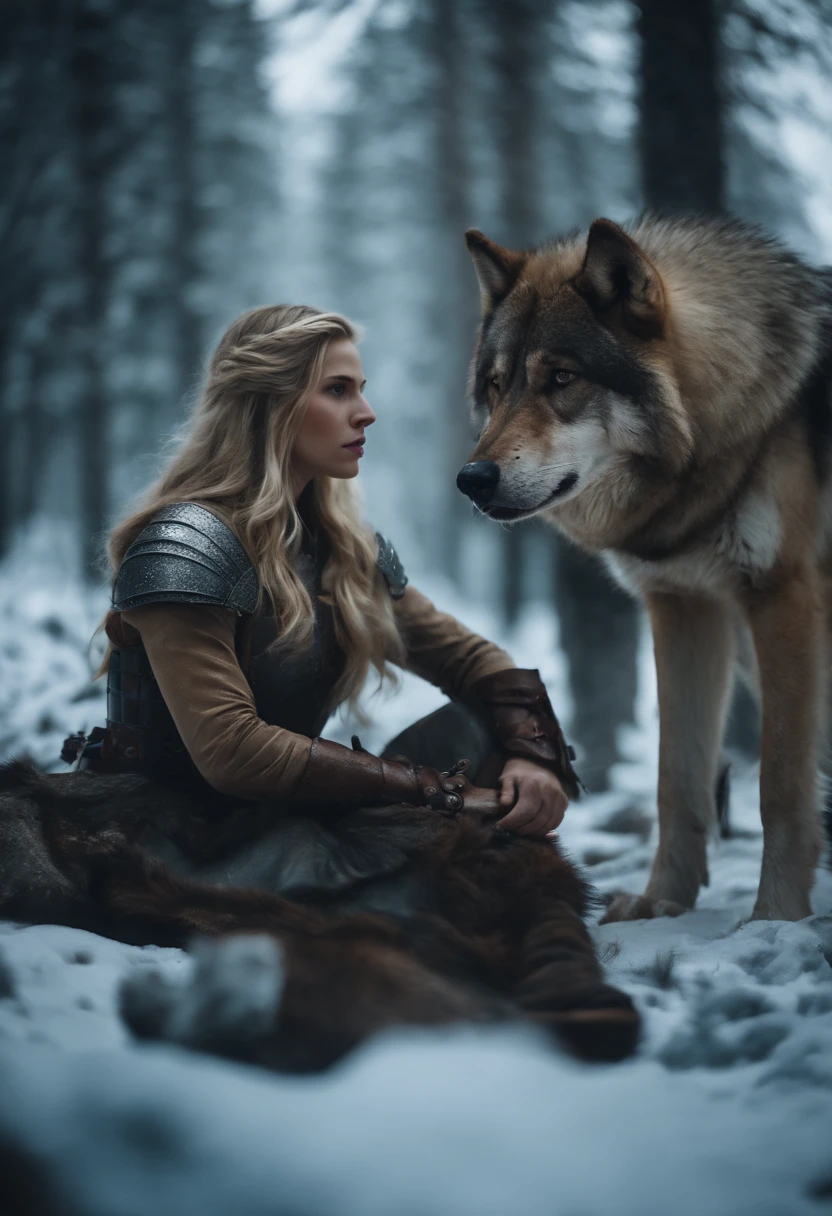 Blonde girl in armor in icy forest next to a big brown wolf