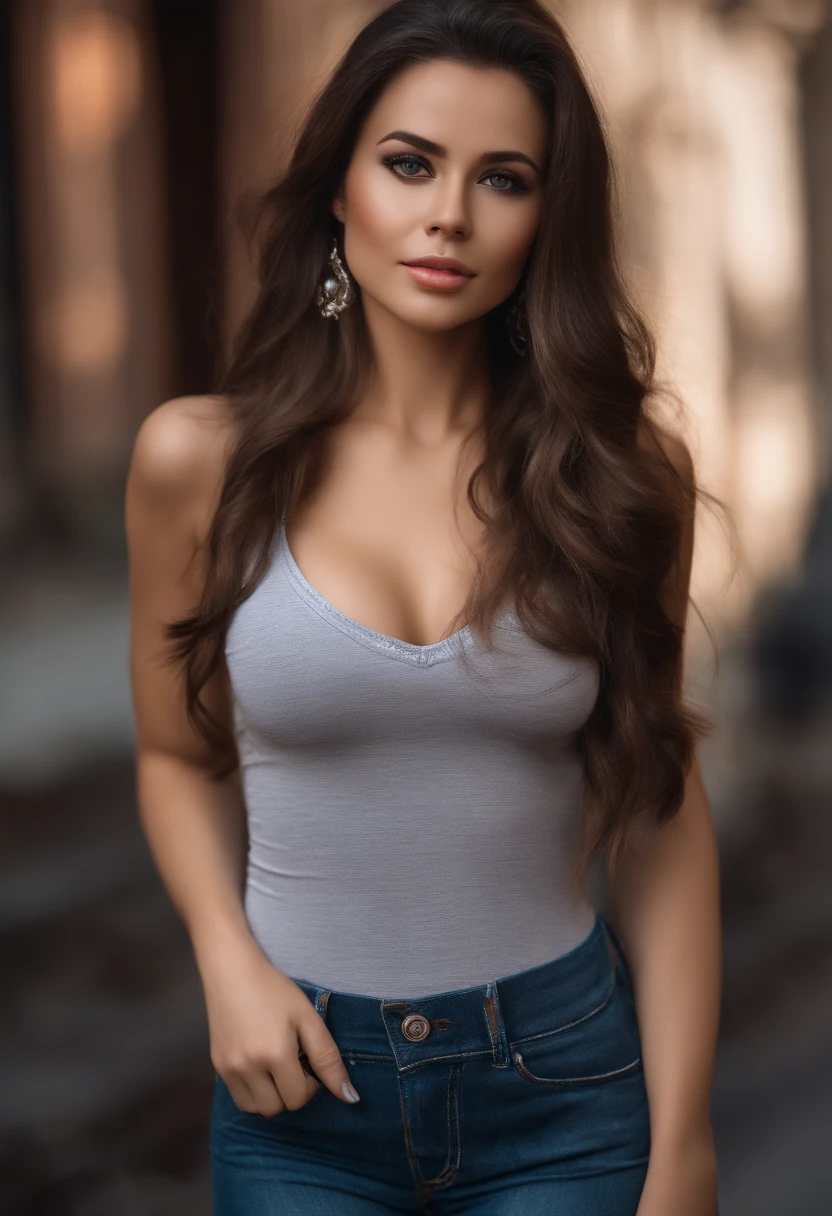 (lifelike, high - resolution:1.3), 1 girl with a perfect body, Super fine face and eyes,slong hair, Tank top of random colors:1.2, short jeans, big boob, wearing a bra, wearing a thong