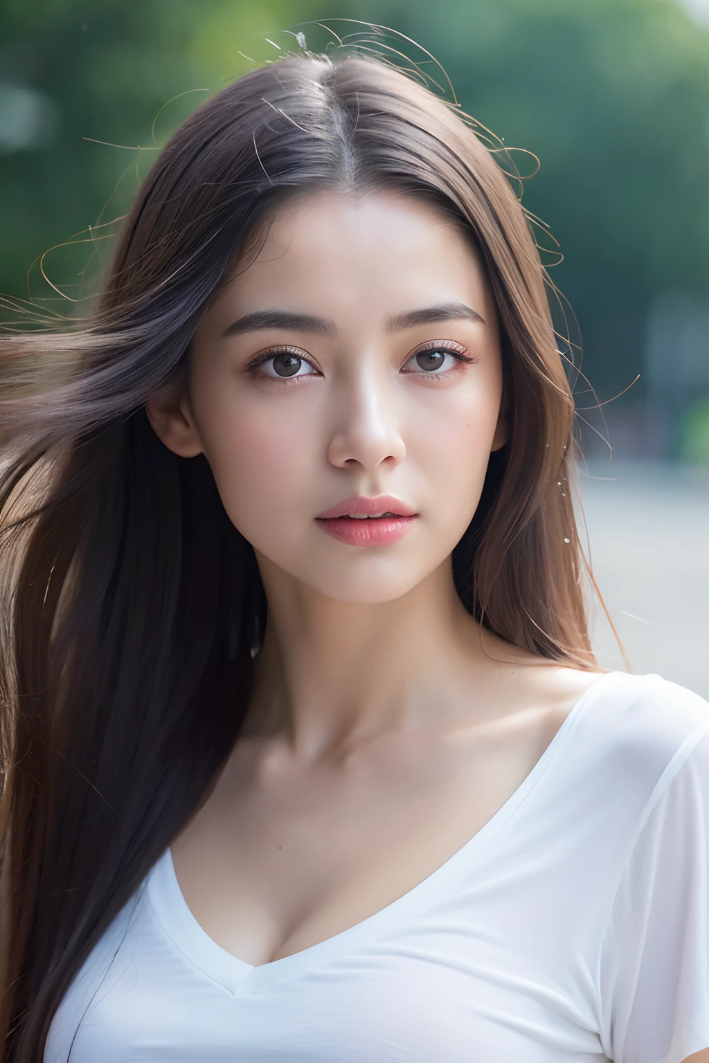 top-quality, masterpiece, 超A high resolution, Photorealsitic, Raw foto, ((one beautiful women)), 22year old, Detailed face, beautidful eyes, depth of fields, white backgrounid, White T-shirt with V-neck, Wet and see-through t-shirt, small tits, Faint lips, wetting hair, a wet body, water drop on the skin, (See the viewer's eyes)