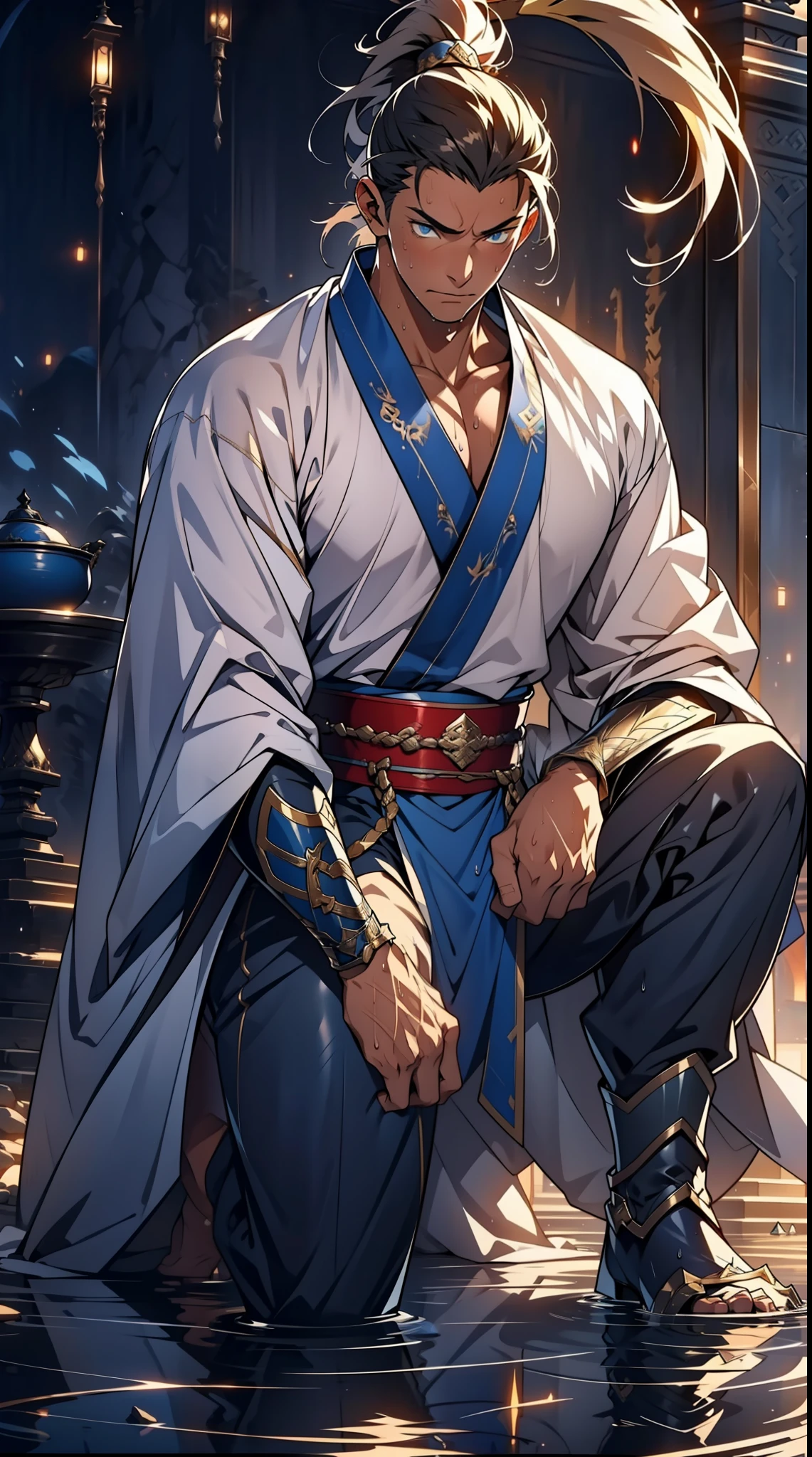 quadratic element，style of anime，mtu（Male Warrior），The proportions are correct，Face details，swordsmen，High ponytail hairstyle，Neck details，There is an Adam's apple，White robe，kaftan，long white robe，clothes details，Handing over，longer sleeves，Game quality，Swordsmanship，Light and shadow tracking，Ray traching，detailed glow，cg render，hair detail，cabelos preto e longos，blue colored eyes，Handsome，Handsome，（juvenile sense），Clothing is complicated，Perfectcomposition，Refinement，high qulity，higher details，Lots of details，The background is complex，a sense of atmosphere， 1 man，is shy，Pee on the legs，pissing，Urine runs down the thighs，embarressed，exhilarated，is shocked，panicking，worry，A small puddle of their own urine forms around the feet，full bodyesbian，kneels on the ground，Very eager to pee，It's uncomfortable，Wet yourself，Urine discharge， Sweaty crotch，Drenched，