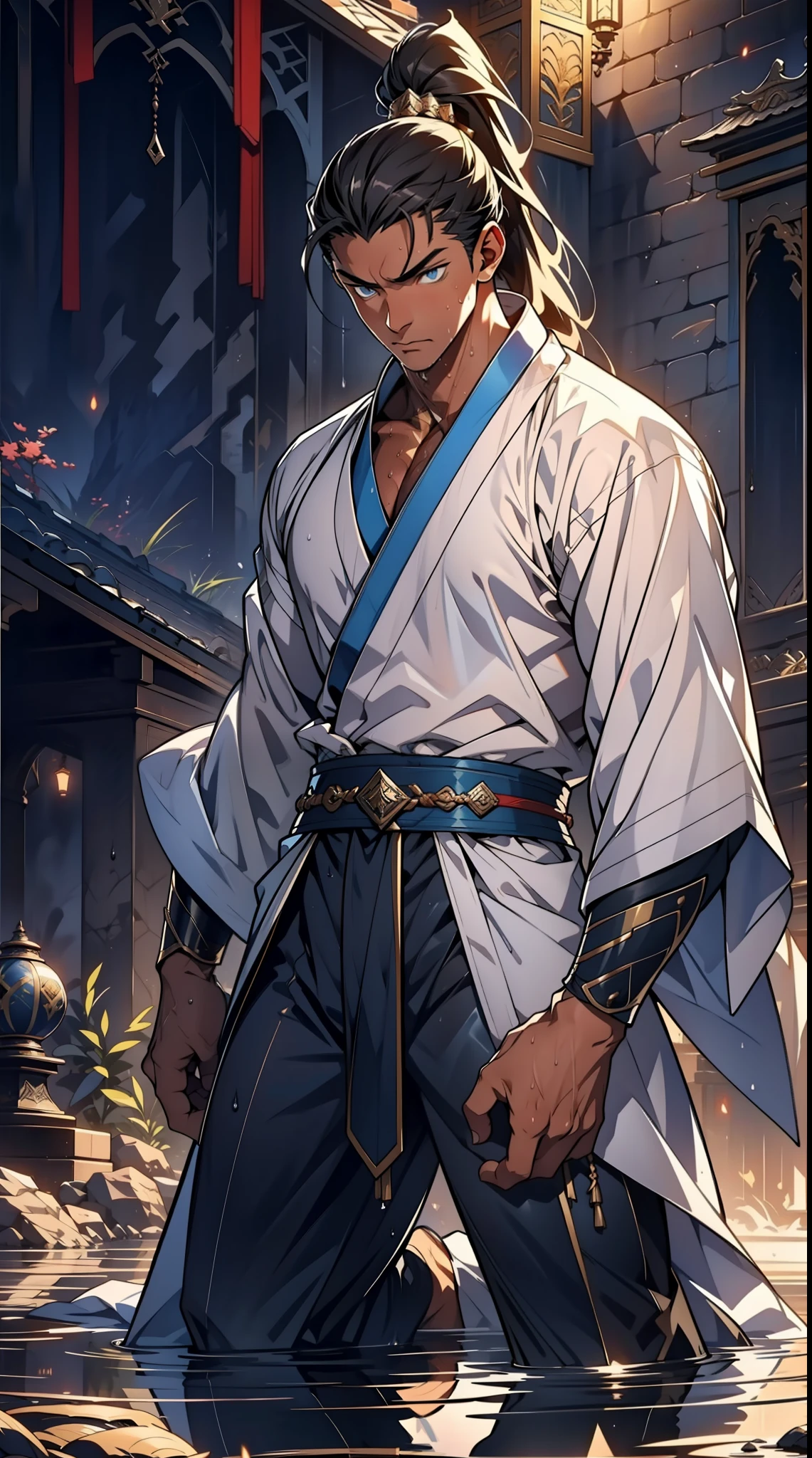 quadratic element，style of anime，mtu（Male Warrior），The proportions are correct，Face details，swordsmen，High ponytail hairstyle，Neck details，There is an Adam's apple，White robe，kaftan，long white robe，clothes details，Handing over，longer sleeves，Game quality，Swordsmanship，Light and shadow tracking，Ray traching，detailed glow，cg render，hair detail，cabelos preto e longos，blue colored eyes，Handsome，Handsome，（juvenile sense），Clothing is complicated，Perfectcomposition，Refinement，high qulity，higher details，Lots of details，The background is complex，a sense of atmosphere， 1 man，is shy，Pee on the legs，pissing，Urine runs down the thighs，embarressed，exhilarated，is shocked，panicking，worry，A small puddle of their own urine forms around the feet，full bodyesbian，kneels on the ground，Very eager to pee，It's uncomfortable，Wet yourself，Urine discharge， Sweaty crotch，Drenched，