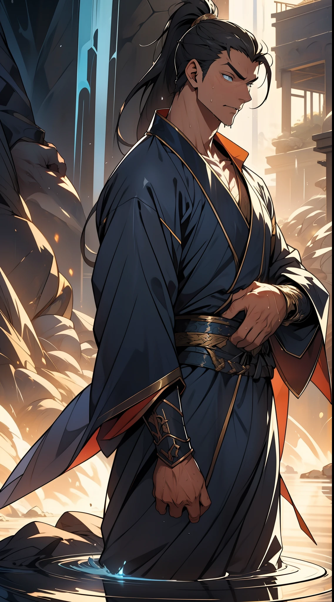 quadratic element,style of anime,mtu(Male Warrior),The proportions are correct,Face details,swordsmen,High ponytail hairstyle,Neck details,There is an Adam's apple,Blue suit,kaftan,long blue robes,clothes details,Handing over,longer sleeves,Game quality,Swordsmanship,Light and shadow tracking,Ray traching,detailed glow,cg render,hair detail,Black long hair,blue colored eyes,Handsome,Handsome,(juvenile sense),Clothing is complicated,Perfectcomposition,Refinement,high qulity,higher details,Lots of details,The background is complex,a sense of atmosphere, 1 man,is shy,Pee on the legs,pissing,Urine runs down the thighs,embarressed,exhilarated,is shocked,panicking,worry,A small puddle of their own urine forms around the feet,full bodyesbian,kneels on the ground,Very eager to pee,It's uncomfortable,Wet yourself,Urine discharge, Sweaty crotch,Drenched,