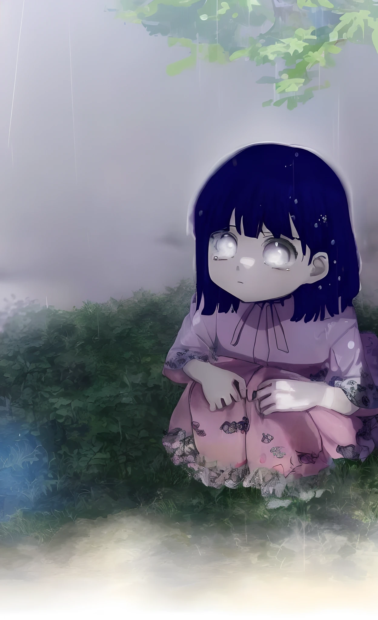 Anime girl sitting under a tree in the rain, visual anime de uma bonito, Iwakura Lain, Arte no estilo de Guweiz, Depois da chuva e sem meninah a sad expression, the anime girl is crouching, hinata hyuga, Lain Iwakura, Close up de Lain Iwakura, em estilo anime