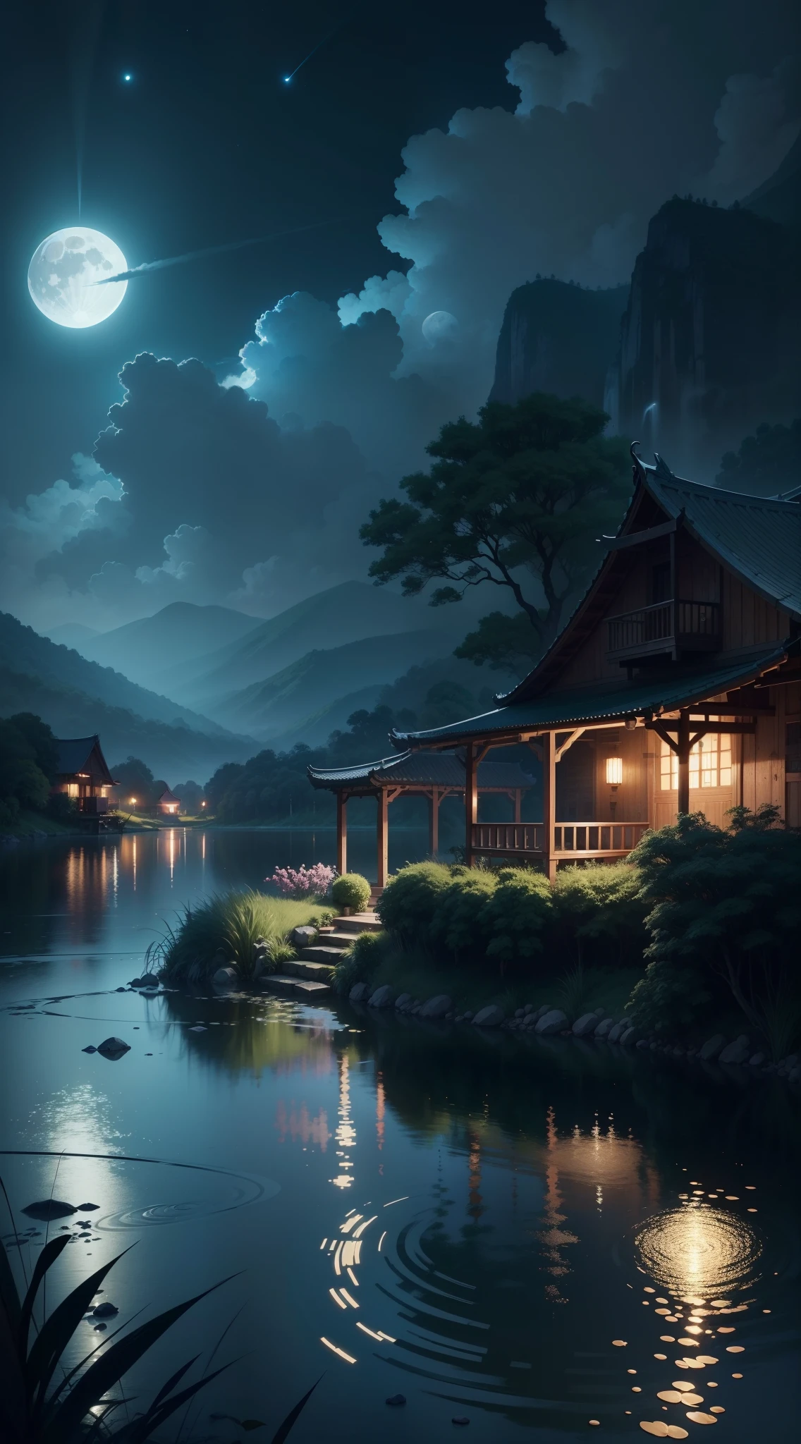 night scene with some house asian, vietnam, viet nam, ha giang, moon, lake in the foreground, calm night, green and blue, digital illustration, 4k highly detailed digital art, night scenery, anime art wallpaper 4k, anime art wallpaper 4 k, 4k detailed digital art, nighttime nature landscape, anime art wallpaper 8 k, background artwork, beautiful art uhd 4 k, 4 k hd illustrative wallpaper
