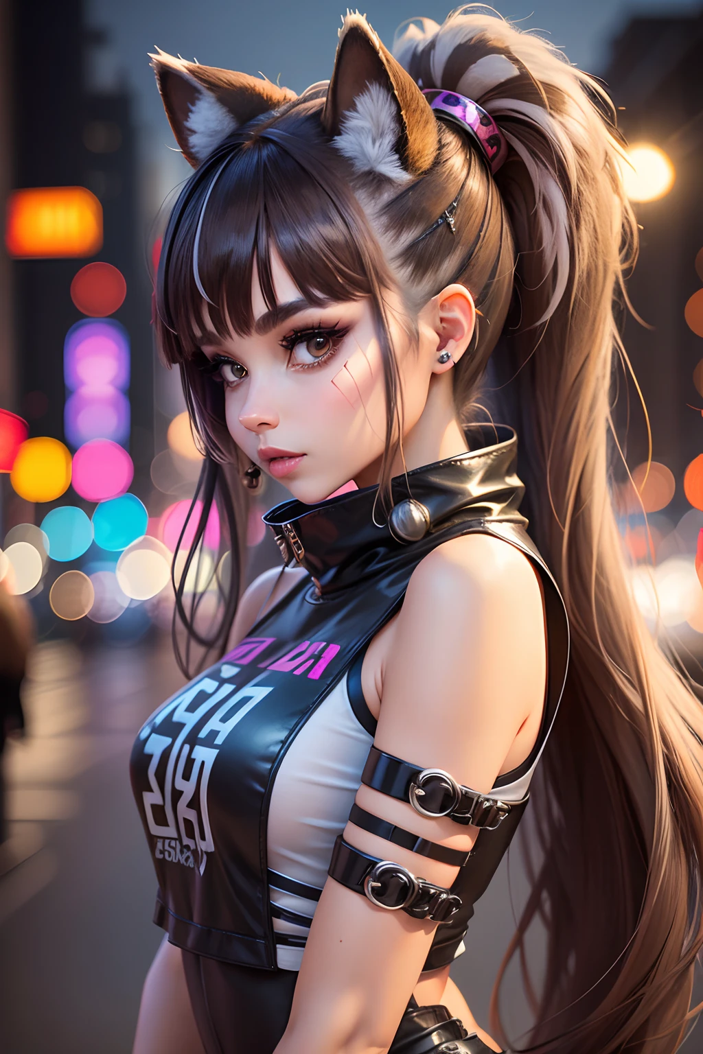 sfw, 1girl, close up, beautiful, smirk, wearing a hat, earrings, red camo sweatshirt, red_legwear, long hair, brown hair, mascara, nose lips, standing, midriff, naval, earrings, (realistic:1.5), cyberpunk, neon city, neon lights, 3d, cgi, volumetric lightning, wearing bra,((skinny waist)), young asian girl, ((big breasted)),
