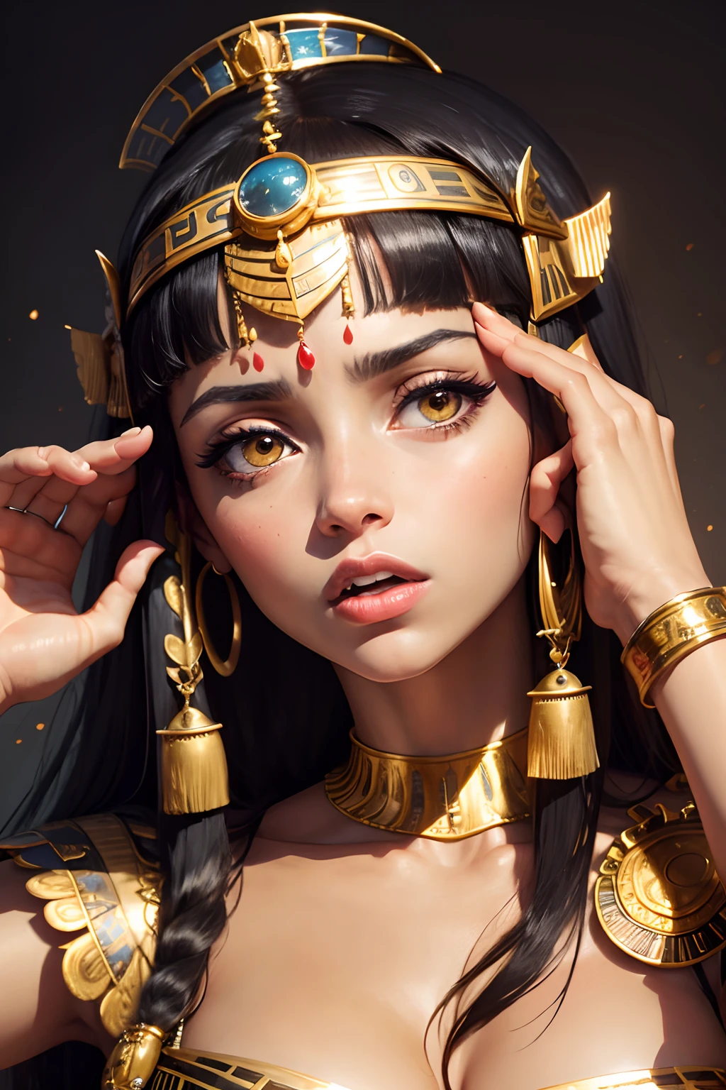 Cleopatra, shocked, surprised, gasp, both hand on her face, looking to the left --auto