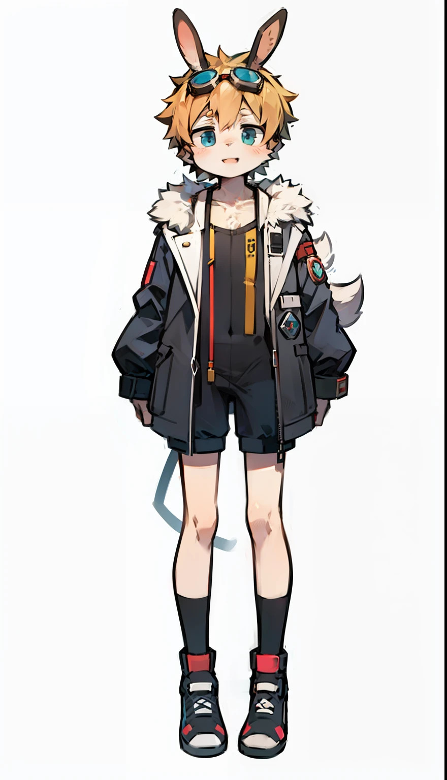 Two-dimensional cartoon boy Shota wears a one-piece hiking suit,fully body photo,Protective goggles,adolable,Rabbit ears and tail,Loose coat