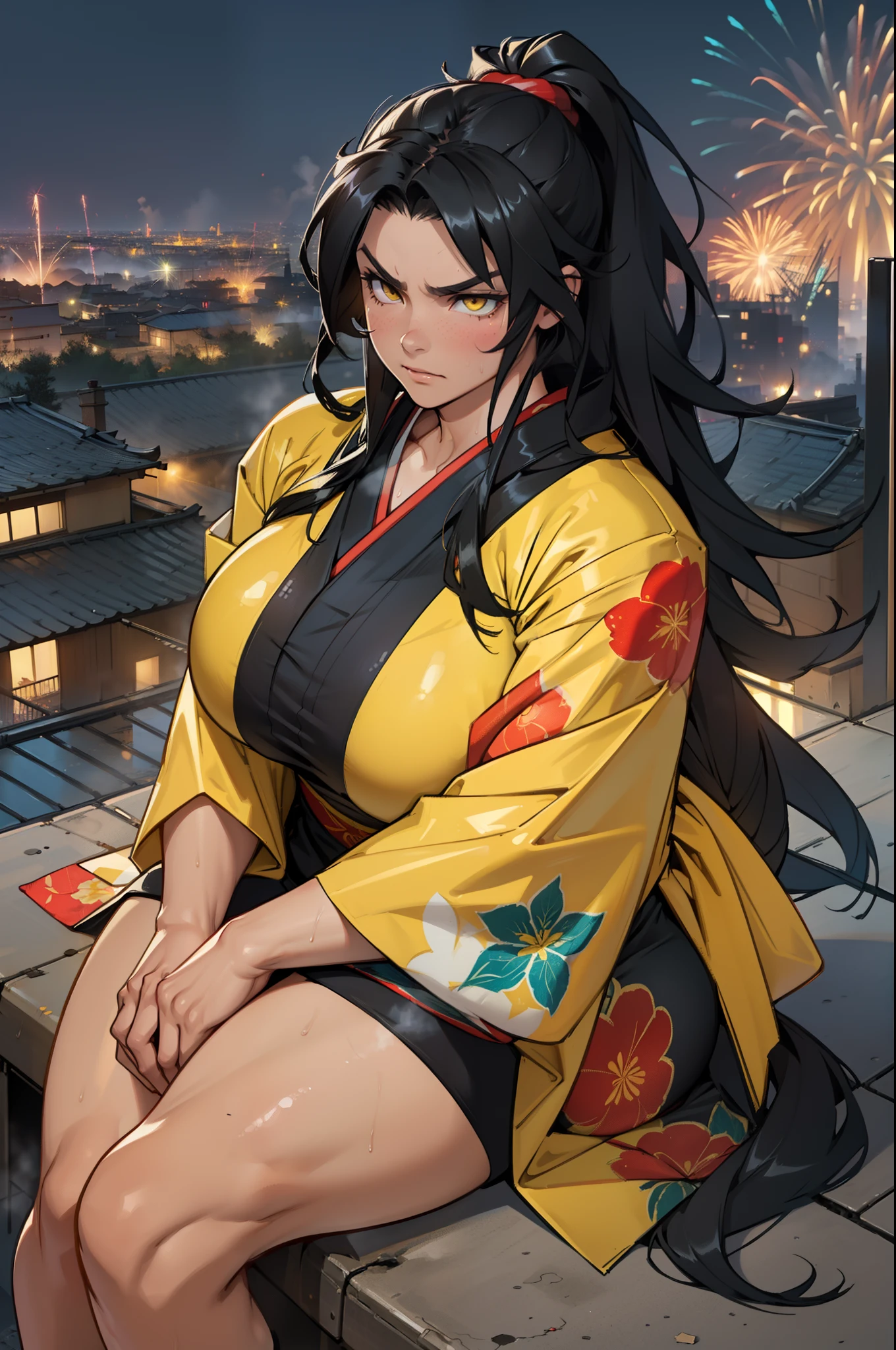 ((Masterpiece)), ((Best Quality)), ((NSFW)),(((((1 girl, muscular))))), ((thick thighs, huge breasts, very long hair)), black hair, yellow eyes, solo, sweaty, shiny skin, steamy, foggy, angry, sitting, kimono, fireworks, city overview, (dark atmosphere)