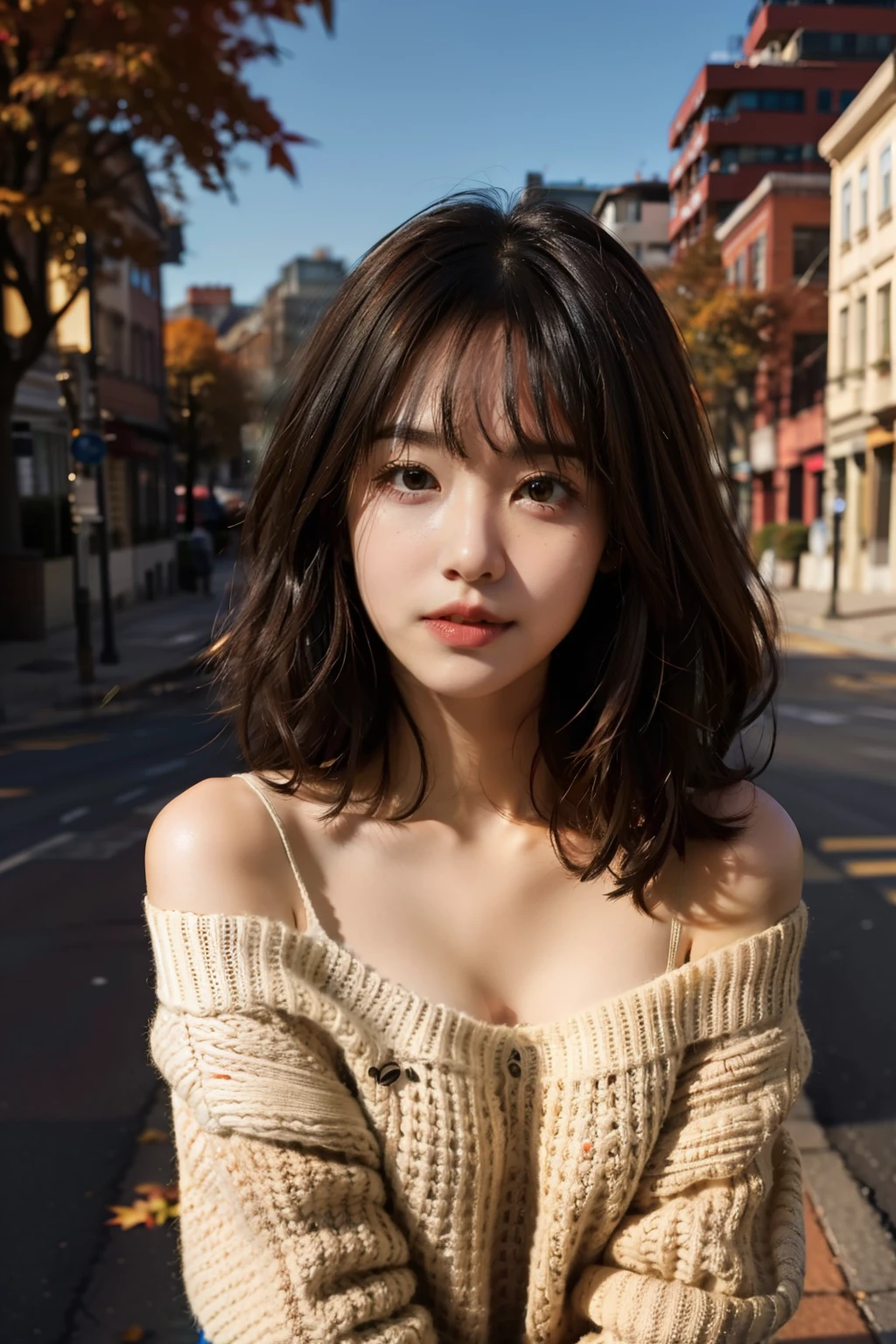 mid-shot、Beautiful woman looking at camera、Chris Foss's off-the-shoulder sweater autumn light、Street corner in autumn、Colored leaves、Autumn urban landscape background、hairstyle is short bob