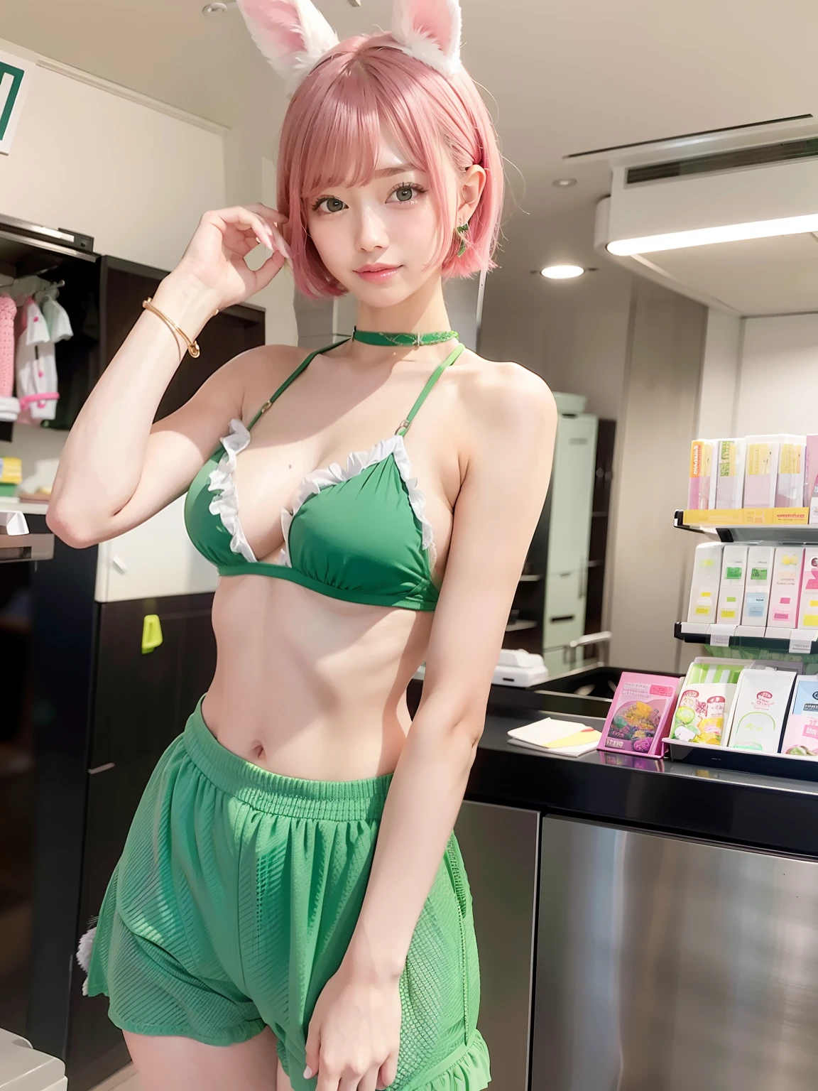 Green Bikini、Green bra、Green panties、Pink short cut hair