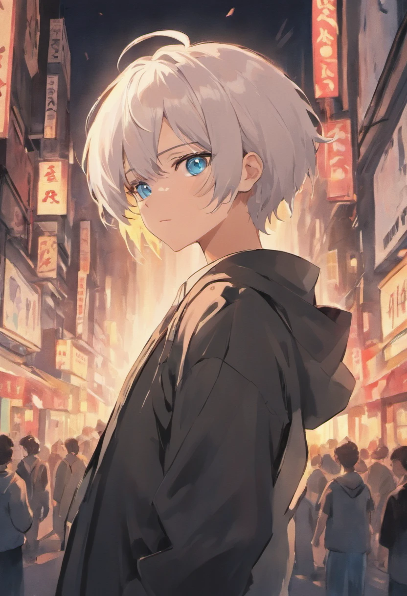 gojo satoru, jujutsu  kaisen, anime, in the city, amazing, focused, ray of light, blue eyes, white hair, black shirt.
