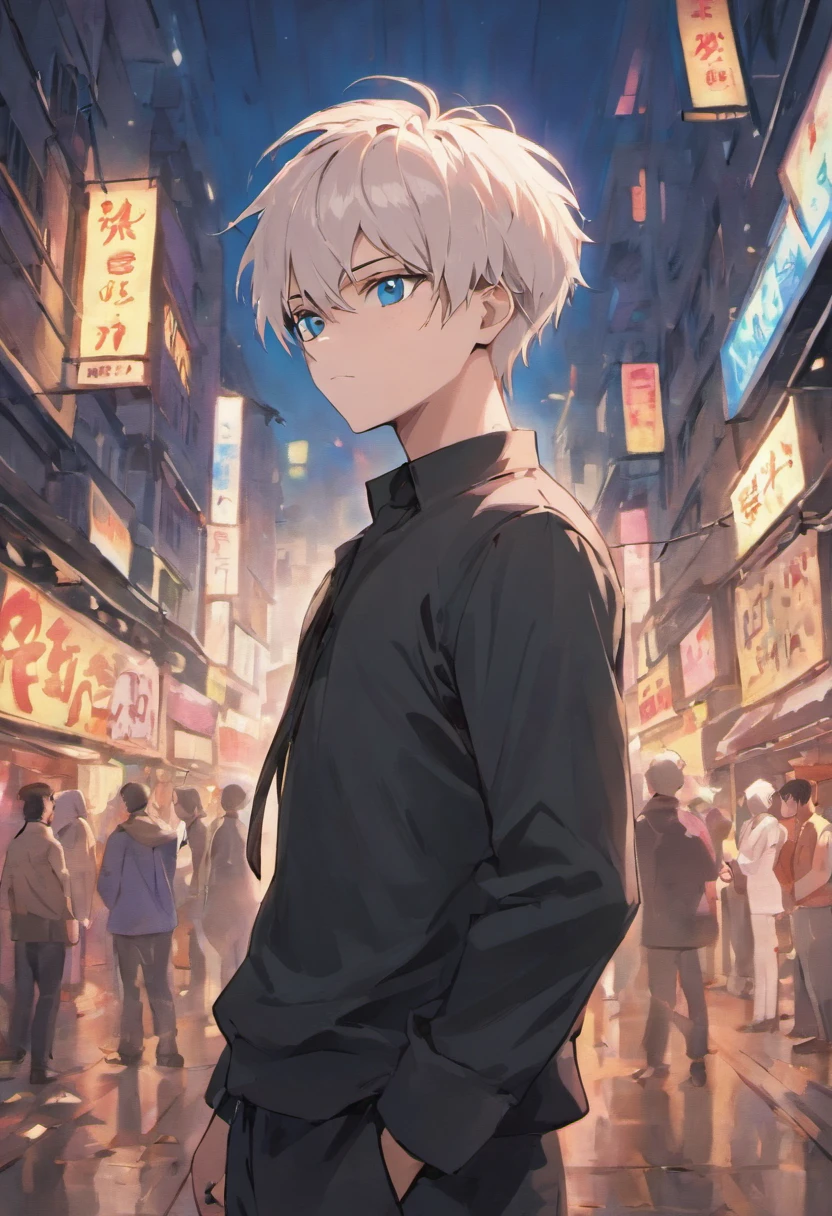 gojo satoru, jujutsu kaisen, anime, in the city, amazing, focused, ray of light, blue eyes, white hair, black shirt.