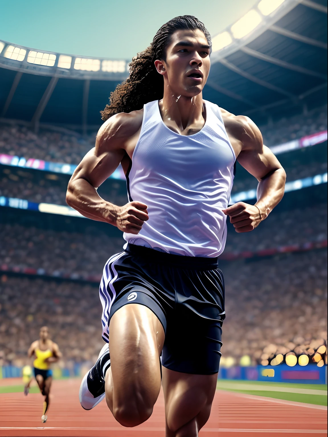 Strong male athlete, Wear high-end sportswear,Long flowing curly hair, Lifelike depiction, Sprint to the finish line,drenched all over the body,4K 分辨率. The stadium was packed with cheering crowds,detailedbackground,32k ULTRAHD, Best quality, Masterpiece, Super detail, High details