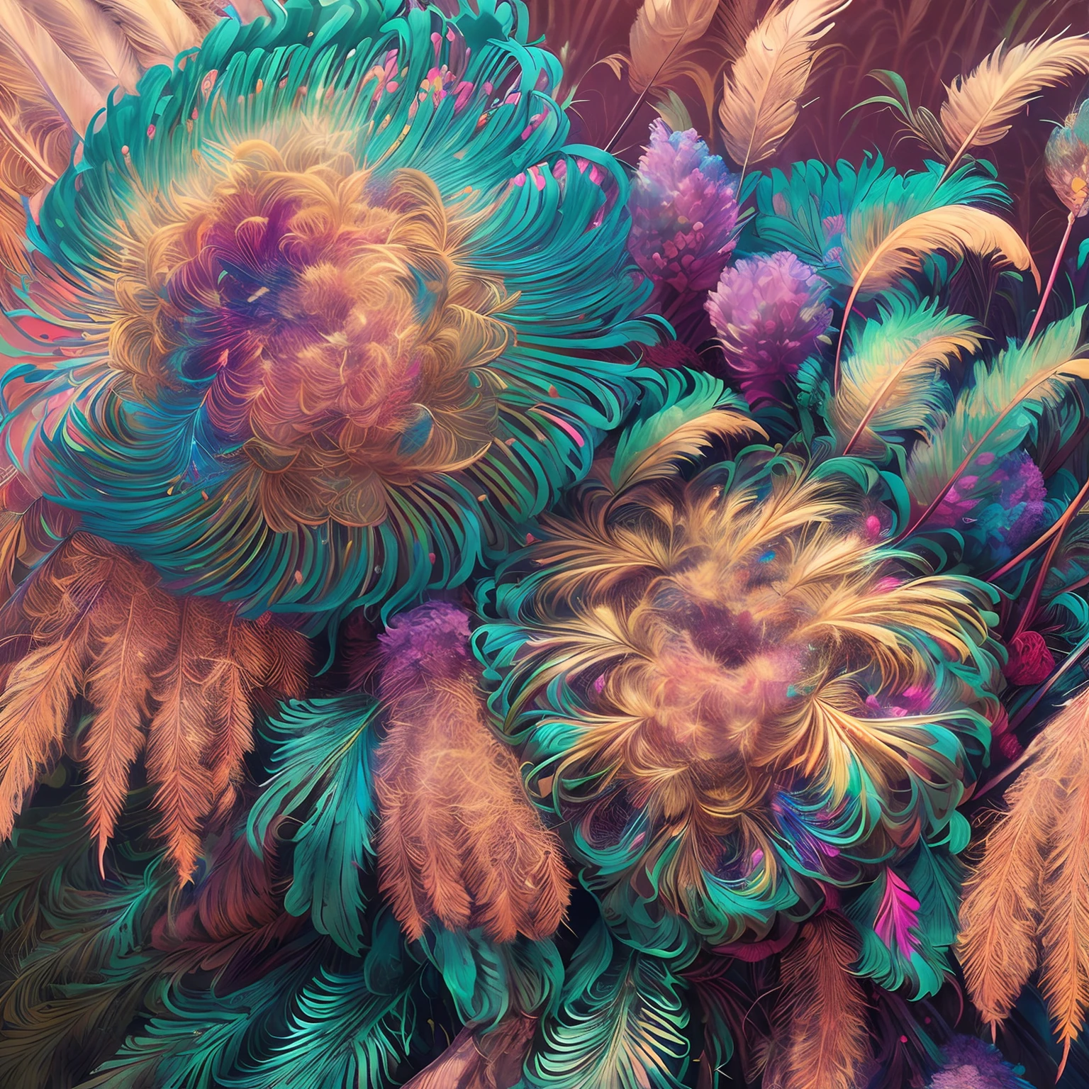 Riff Style 2 (masutepiece, top-quality, Best Quality, Official art, Plants and bird feathers, Beautiful and aesthetic:1.2), (Pampas grass:1.3), Extremely detailed,(Fractal Art:1.1),(Colorful:1.1)(Flowers:1.3),highest details,(Zentangle:1.2), (Dynamic Pose), (Abstract background:1.3), (Shiny skin), (Many colors:1.4), ,(earrings), (Feathers:1.5)