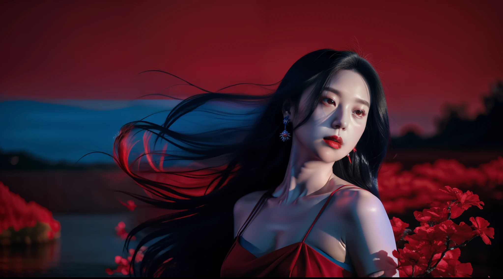 1girl,solo,red smoke,blue smoke.jewelry,earrings,long hair,flowerr,blue dress,upper body,red dress,black hair,bare shoulders,floating hair,s, ray_traycing.best quality,masterpiece,magazine cover,cinematic_lighting,