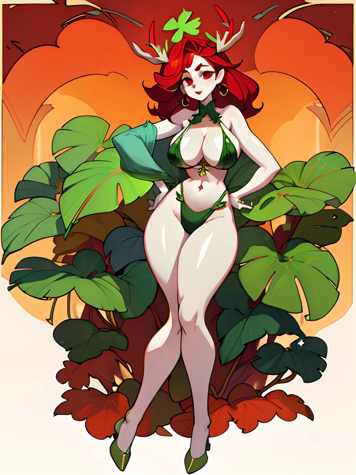 (pale shiny skin:1.2), thick thighs, wide hips, 8k, huge resolution, cleavage focus, sexual expression, (antlers:1.2), leaf bra, (plant girl:1.2), nighttime, red hair styled in loose waves, nip-slip, visible areolas, hard nipples, perky tits, full body view