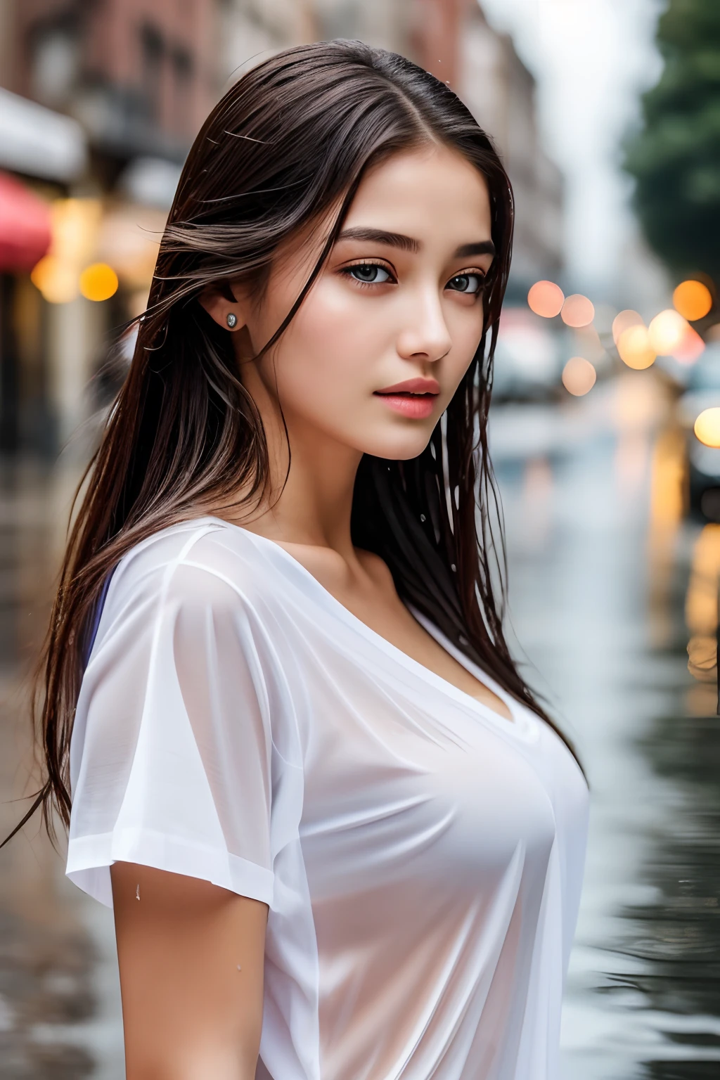 top-quality, ​masterpiece, 超A high resolution, Photorealsitic, Raw foto, ((one beautiful women)), 22year old, Detailed face, beautidful eyes, depth of fields, the city street, Wet in the rain, White T-shirt with V-neck, Wet and see-through t-shirt, small tits, Faint lips, wetting hair, a wet body, water drop on the skin, (See the viewer's eyes)