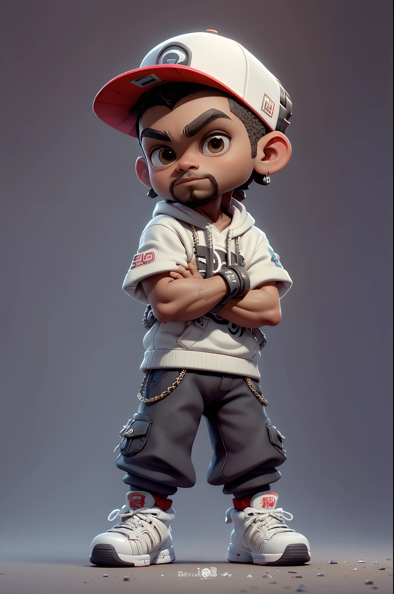 Super style hip hop dancer bronx 30 years, pele marrom, barba no rosto, Nice Chibi, super estiloso, dedos perfeitos, Cores da roupa: {{vermelho, branco e preto, street fashion cap}}, "Hip Hop", Doing hip hop pose with your arms, roupa sem estampa, fundo minimalista, Camera vista de frente..................3d, 8k,