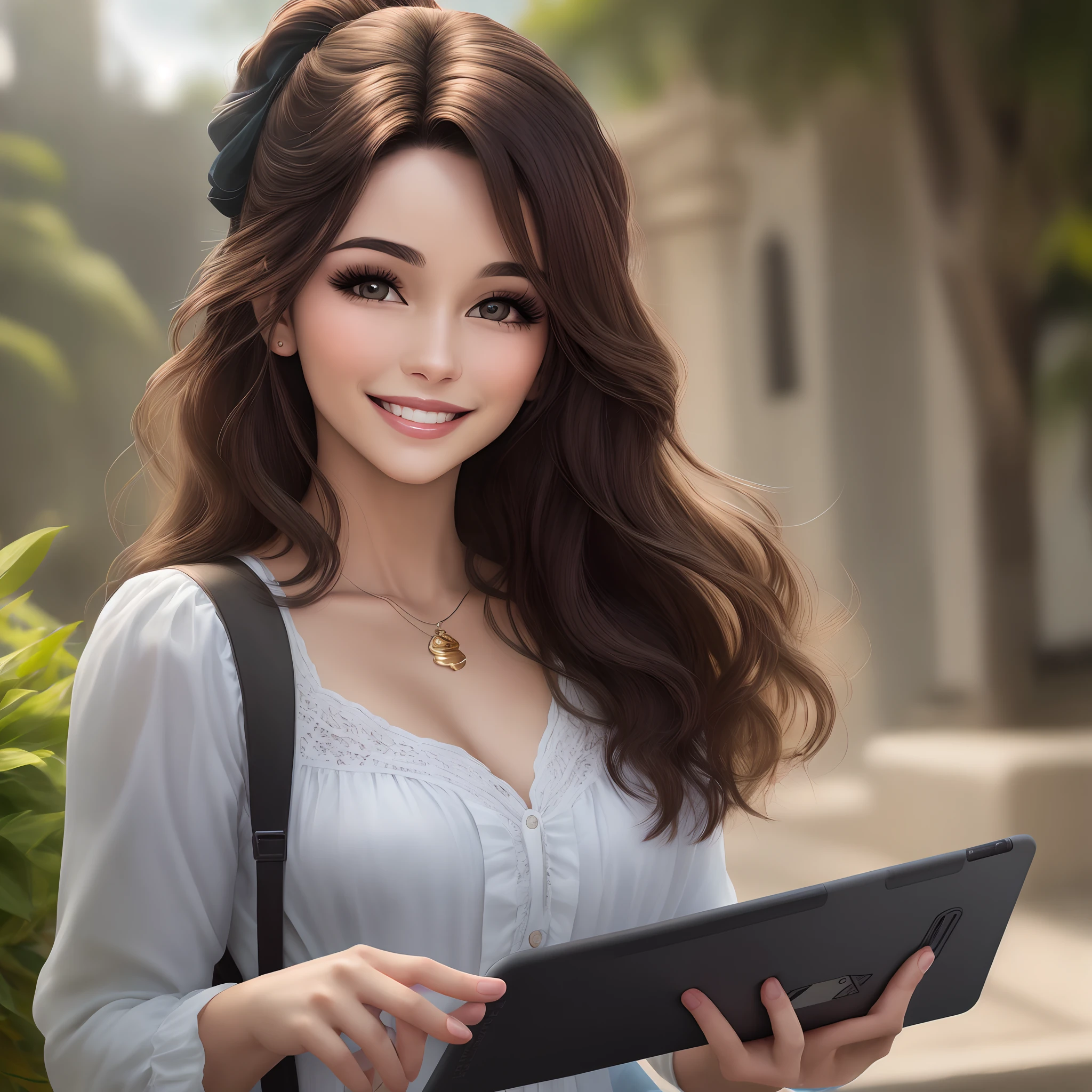 Mulher morena, cabelos lisos cor de mel, holding a tablet in your hand. Ela tem um leve sorriso no rosto.