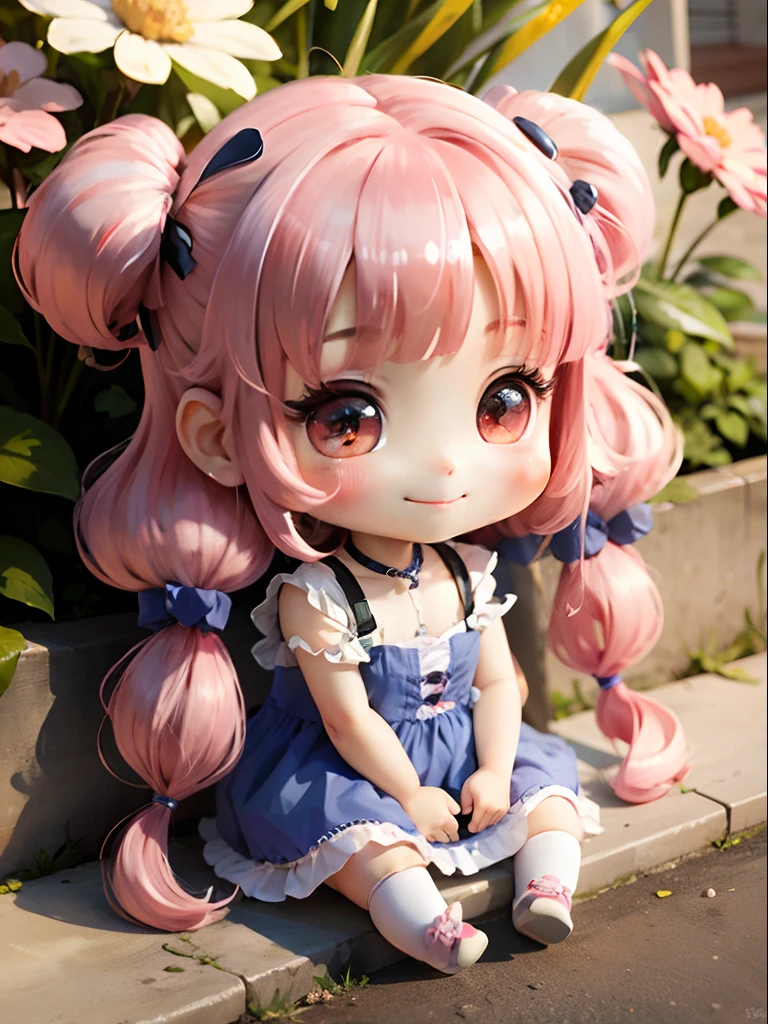 Cute chibi anime sitting on flowers, long pink hair with twin tails、Wear a blue mini dress, Smiling, Logo is cheap