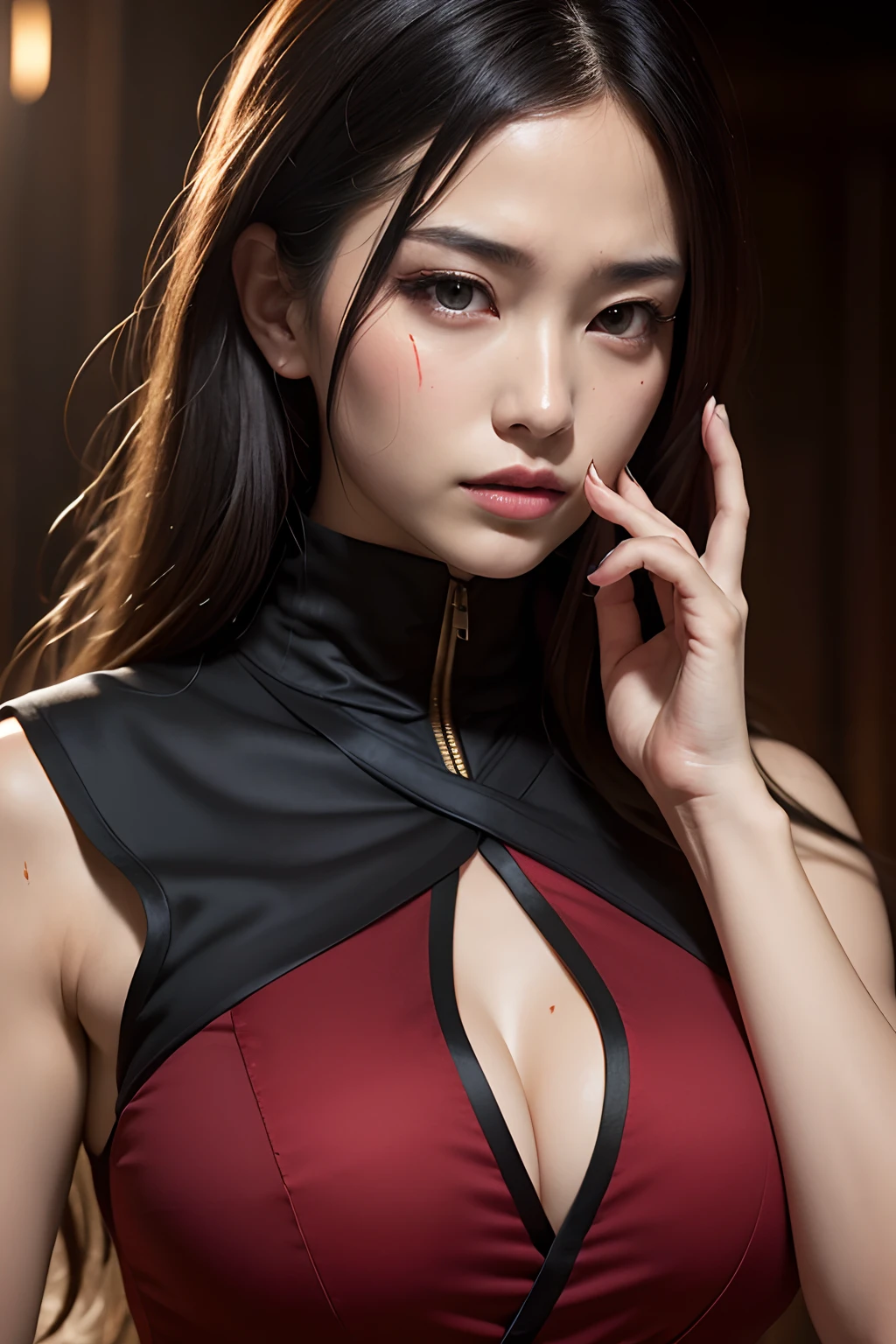 realistic, 1girl, high quality fingers, normal hands, detailed fingers, masterpiece, (realistic, photo-realistic: 1.37), realistic, 1girl, long hair:1.5, black hair:1.2, red eyes:1.5, bright eyes, mortal kombat, ninja, blood, scar, weapons, kimono, dress, mortal kombat suit, large breasts, fighting pose, serene look, temple, meditation, injuries, ninja mask, cover half of face, (sweat: 1)