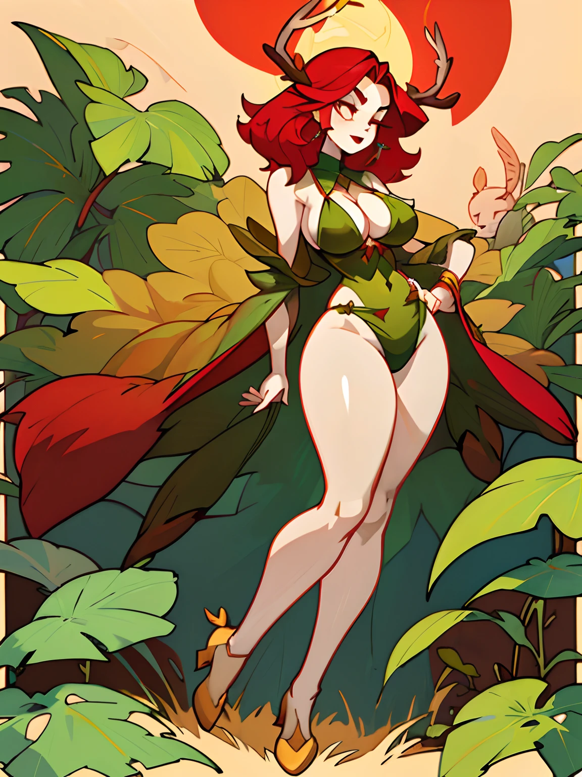 (pale shiny skin:1.2), thick thighs, wide ????, 8k, huge resolution, cleavage focus, ?????? expression, (antlers:1.2), leaf bra, (plant girl:1.2), nighttime, red hair styled in loose waves, nip-slip, visible ???????, hard ???????, perky ????, full body view