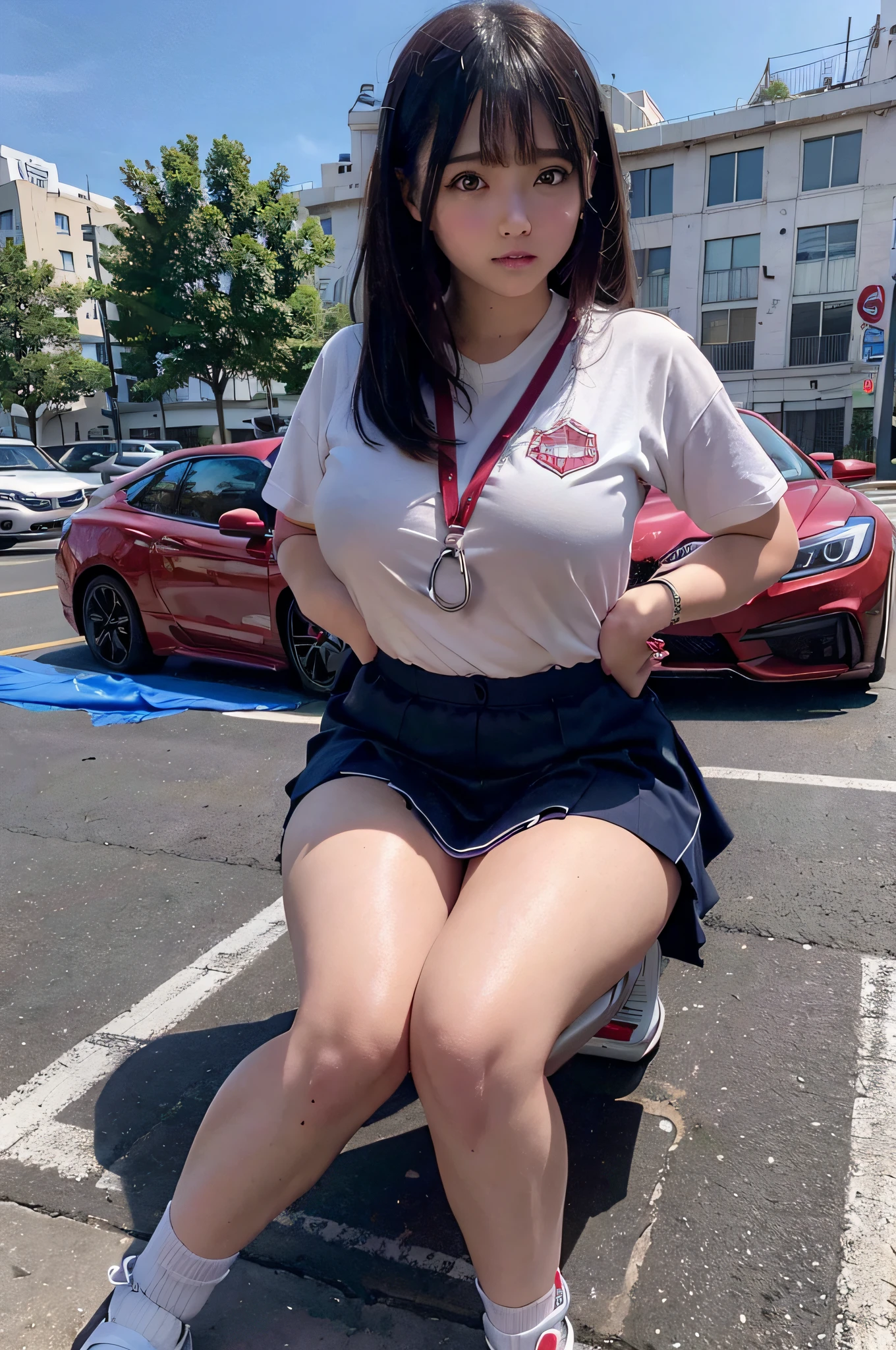 ((giant girl)), vestindo uniforme escolar, sapato salto alto, cabelo cinza, Agitar vaginal, (((pubic area is visible))), (((gotejamento de sangue menstrual))), pernas abertas, virilha aberta, agachamento, (((pissing on people, builds and cars))).