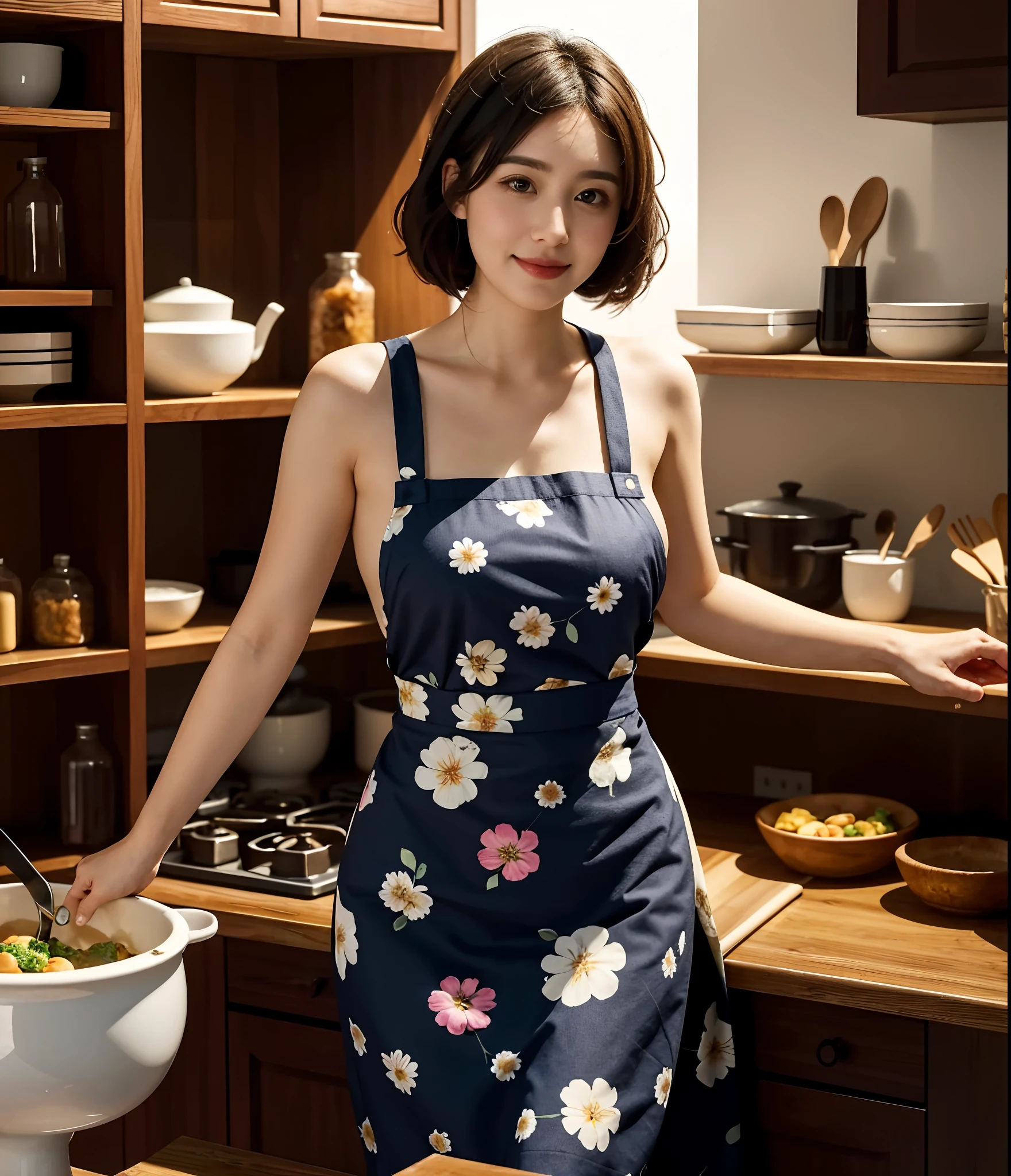 (Best quality, Masterpiece), 1girll, 30 age old, Amazing, Busy in the kitchen,adolable,Hourglass figure, Wear floral dresses, aprons, delicacies,Very real
