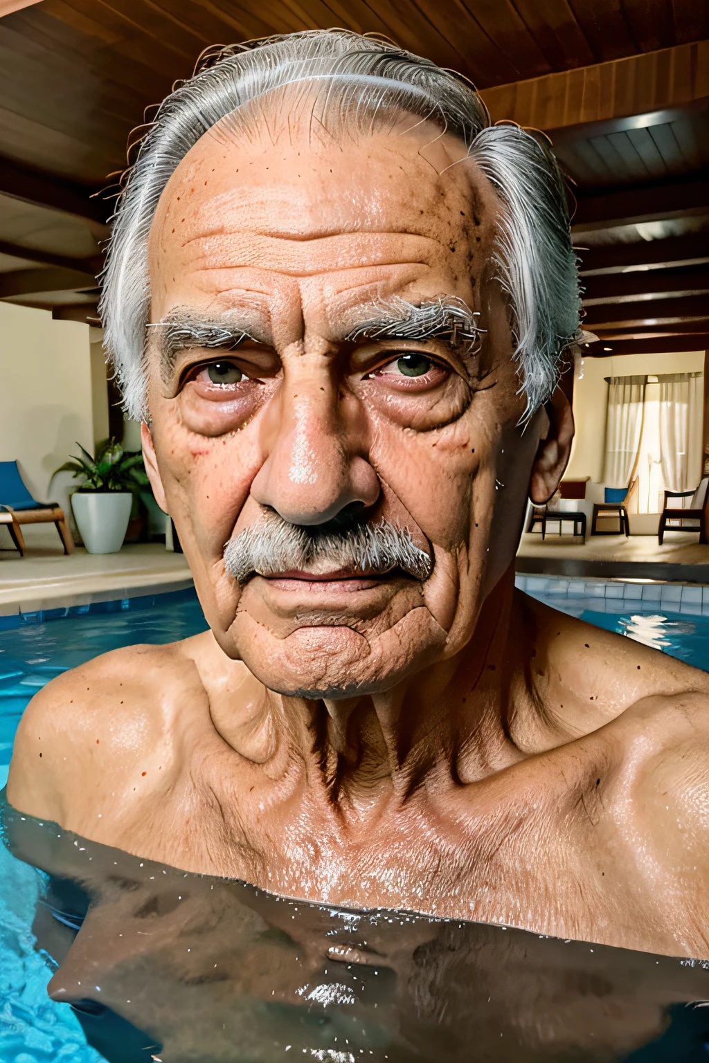 homem senhor de aproximadamente 90 anos, rico, cara de prazer, em uma bela casa com piscina, elegante