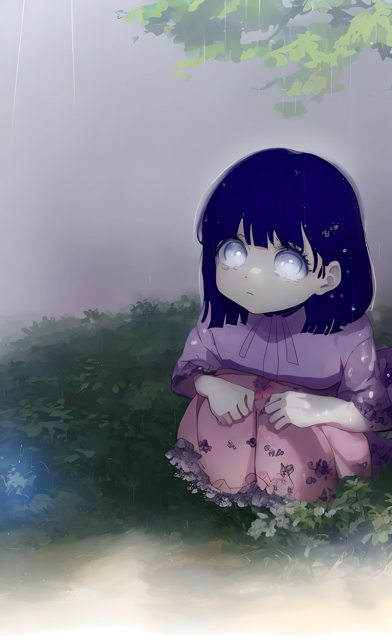Anime girl sitting under a tree in the rain, visual anime de uma menina bonito, Iwakura Lain, Art not Guweiz style, Depois da chuva e sem meninas, with a sad expression, the anime girl is crouching, hinata hyuga, Lain Iwakura, Close up de Lain Iwakura, em estilo anime