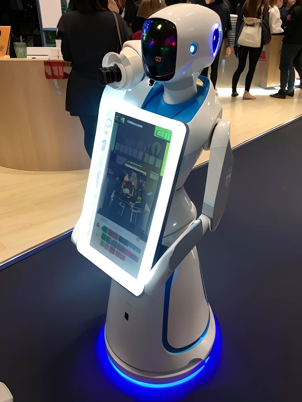 Arafed robot with tablet on display at convention, friendly humanoid cyber robot, Robot humanoide amigable, posing robotically, Robot con rostro humano, humanoide robot, Robot amigable, Robots de servicio, The most advanced humanoid robot, Robot humanoide, biometric humanoid robot, The robot with its human mask, robots humanoides, Un robot
