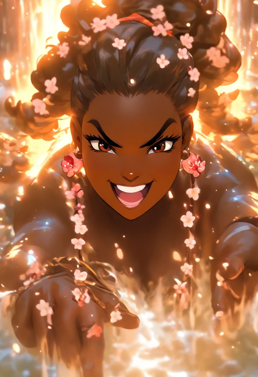 (((Dark skin, heavy set, chubby, fat, bulbous,)))(melaninated cherry blossom maiden),(Darkskin:1.2) sensual, cool, salacious, curvaceous, powerful, , random hair style, long hair, (hetrochromia eyes:1.2), (dark skin,) (chocolate-skinned female, statuesque, sensuously cool, braided black hair, soft heart-shaped face, concaved Nubian button nose, alluring, powerful. sensual, tone, and heavy and hearty body, heart hips, supple large pear breast,heart-shaped rear., cicular shades amber eyes:1.5 (,orange cherry blossom outfit),):1.2,(perfect details), (extremely fine and beautiful:1.1), (character shot) beautiful face, beautiful eyes, (detailed face, detailed eyes:1.2), detailed lip, shiny skin, oil skin, shiny hair,,(Cool smile:1.2), , (, random pov:1.2), , , dangerous:: (lots of steam:1.5),( cherry blossom waterfall:1.5),( ,fantasy),((magic, futuristic fantasy :1.5)),((grotto,cliff, watterfall:1.2)), various decoration),(cherry blossom field, highly detailed facial expressions, realistic expression, perfect peice, perfect prompt, full length, best quality, intricately accurate facial and physical structure, intricately realistic expression and emotion, accurate colored complexion, accurate body anatomy, , complex hair styles, intricate character detail, intricately expressive, intricate color desgin, complex emotions, pov, (ultra-detailed,5k, 717 gigapixels)((masterpiece), (best quality), (ultra-detailed), (masterpiece:1.2), (ultra-detailed:1.2), sense of depth, depth of field, (add layer:1.2), dynamic angle, scenery, dramatic lighting, volumetric lighting, golden hoursteven universe style,ComicCovers