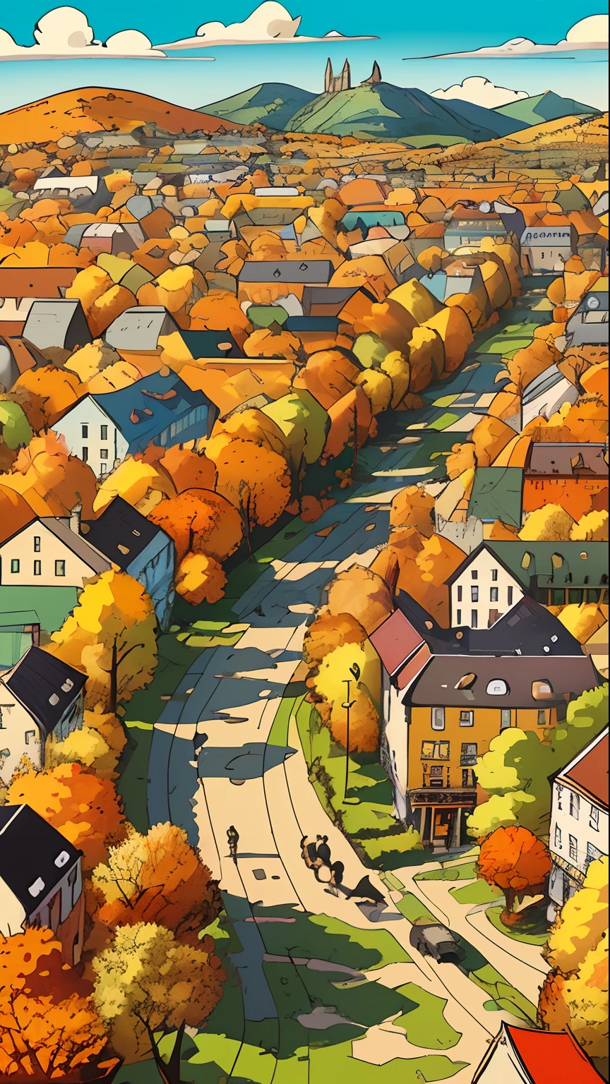Chaotic maximalist autumn in the rural city, bird's eye view and flying gastlis, illustrated by Herg, tin tin, pen-and-ink comic book style, colorful, calming