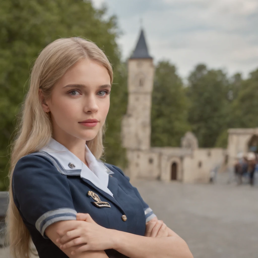1 girl, hiper-realista, menina da escola, uniforme,20 anos, muito bonito,Uniforme escolar olhos azuis, blonde hair, pernas abertas,na mesa, Chimney Backround, 8k, tocando pernas, Adolescente,cowboy shot