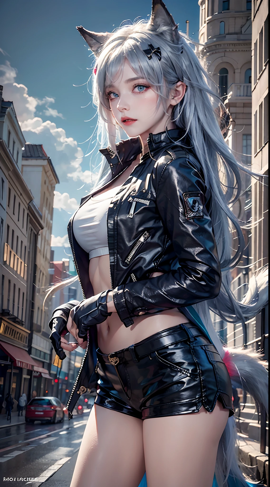 photorealistic, masterpiece, high resolution, soft light, mature female, blue eyes, hips up, hairpiece, lappland, arknights, destroyed city background, buildings on fire, pale, wolf girl, animal ears, scar, white fingerless gloves, black jacket, rhorrormare, (tail, fluffy tail), tattoo, wolves, long white hair, black shorts