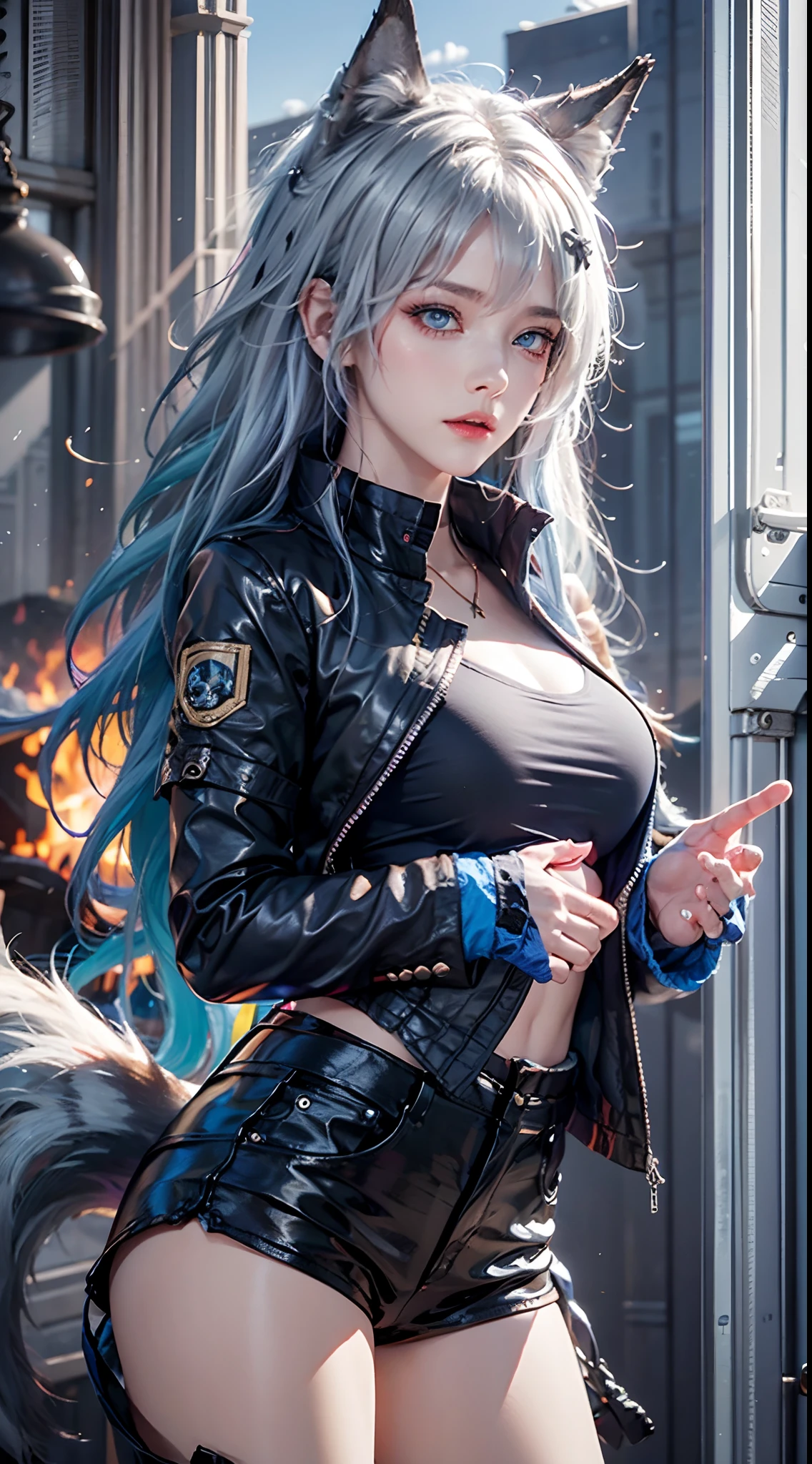 photorealistic, masterpiece, high resolution, soft light, mature female, blue eyes, hips up, hairpiece, lappland, arknights, destroyed city background, buildings on fire, pale, wolf girl, animal ears, scar, white fingerless gloves, black jacket, rhorrormare, (tail, fluffy tail), tattoo, wolves, long white hair, black shorts