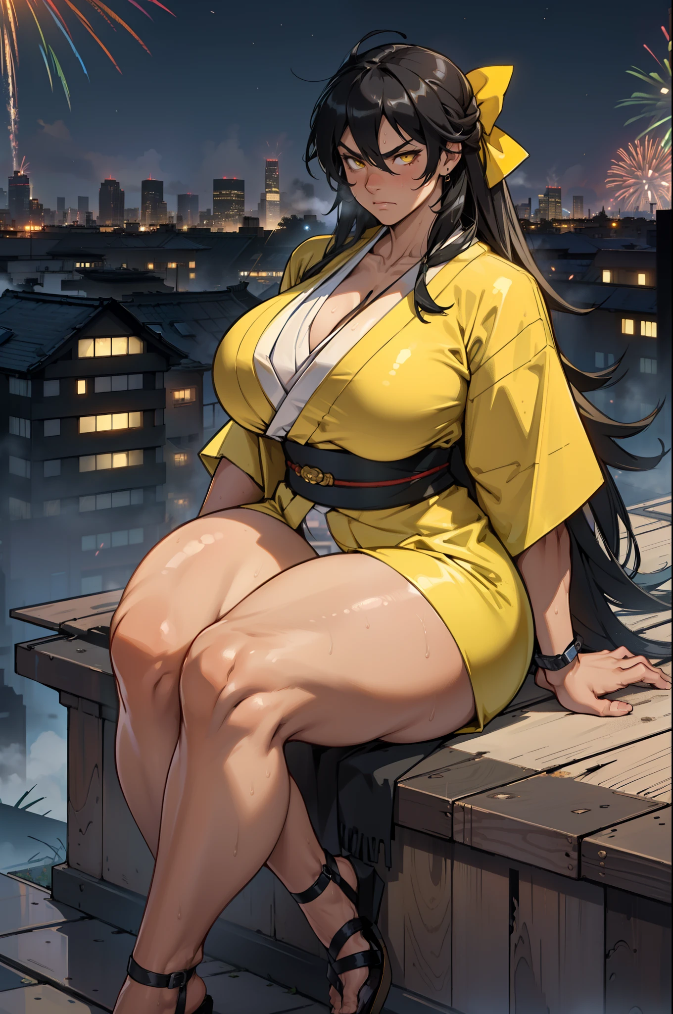 (((((1 girl, muscular))))), ((thick thighs, huge breasts, very long hair)), black hair, yellow eyes, solo, sweaty, shiny skin, steamy, foggy, angry, sitting, kimono, fireworks, city overview