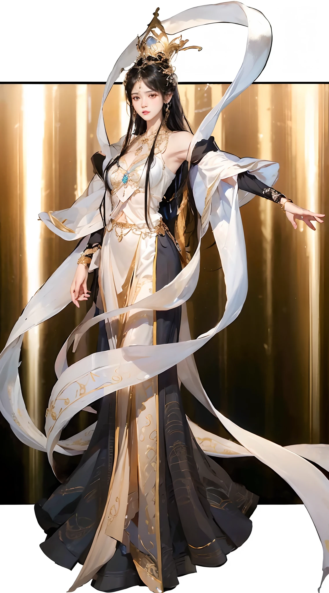(highres),ultra-detailed, (realistic:1.37),
(portrait:1.1), 1 female, black hair, crown, floating shawl, big breasts, five detailed fingers, (intense gaze), (long hair flow), (elegant pose),
(vivid colors), (soft lighting), (subtle shadows),
(black background), (magical atmosphere), (ethereal ambiance),
(dramatic composition), (expressive facial features),
(dainty jewelry), (flower accessories), (intricate patterns),
(fine brushwork), (delicate texture), (hyperrealistic rendering),
(fantasy elements), (mysterious aura).