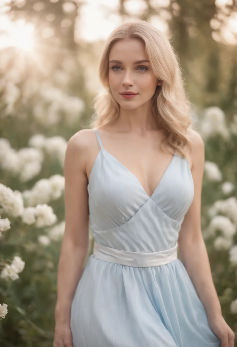 Blonde woman, On a white/Light blue vertical striped dress, Flowers in front, Fit snugly around her waist, Pastel colors, bokeh style, high-quality photo.plumw，long leges，cleavage，Excitation，Split skirt，Iot