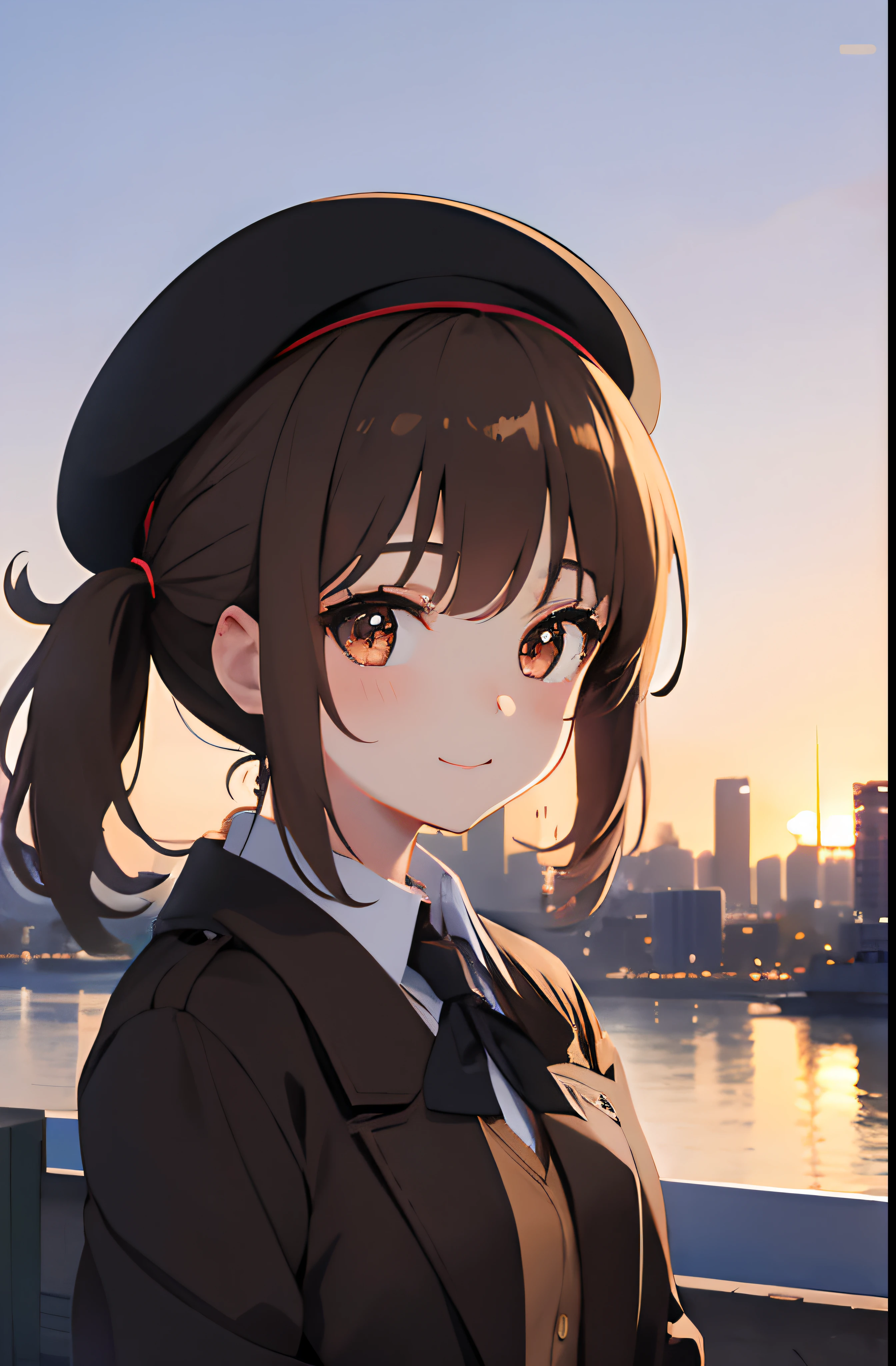 Friendly Looking, Sweet Looking, Anime girl, Brown pigtail hair, Brown hairs, Brown eyes, Beret, background landscape, neon Japanese style city at daytime, Bow, Cute Hair gib, Brown coat, Black ties, Black pants, looking at viewer, In shape, Cute, Upper body, Tokyo, Japan, City, Not Safe for work, 4k Best quality, Anime Style 4k, In a mood, Happy,