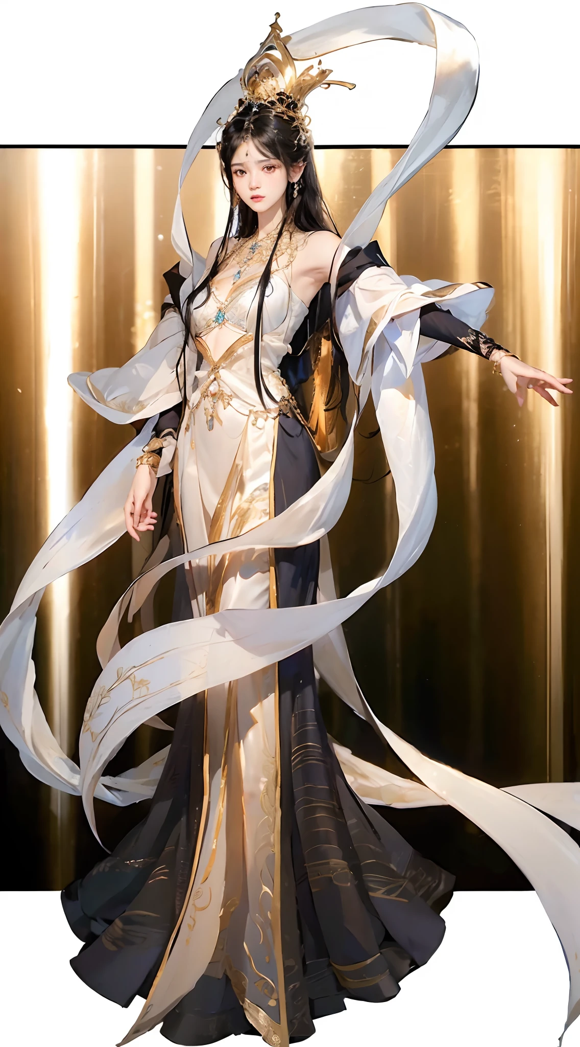 (highres),ultra-detailed, (realistic:1.37),
(portrait:1.1), 1 female, black hair, crown, floating shawl, big breasts, five detailed fingers, (intense gaze), (long hair flow), (elegant pose),
(vivid colors), (soft lighting), (subtle shadows),
(black background), (magical atmosphere), (ethereal ambiance),
(dramatic composition), (expressive facial features),
(dainty jewelry), (flower accessories), (intricate patterns),
(fine brushwork), (delicate texture), (hyperrealistic rendering),
(fantasy elements), (mysterious aura).